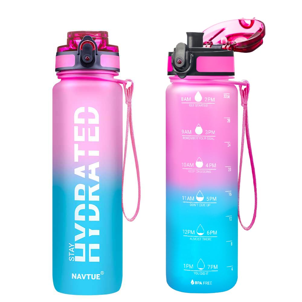 Water Bottle, 16oz Sports Water Bottles with Time Marker Wide Mouth, Motivational and Leakproof Drink Bottle, BPA Free Tritan with Carry Strap for Gym Fitness Outdoor(Direct Drink)
