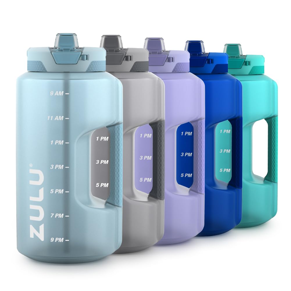ZULU Goals 64oz Half Gallon Plastic Water Bottle with Straw and Time Marker | Large Reusable Jug with Handle and Leak Proof Lid for All Day Hydration, Gym and Outdoors, Gift Ready, Grey