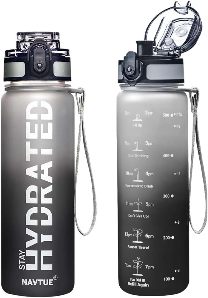 Water Bottle, 16oz Sports Water Bottles with Time Marker Wide Mouth, Motivational and Leakproof Drink Bottle, BPA Free Tritan with Carry Strap for Gym Fitness Outdoor(Direct Drink)