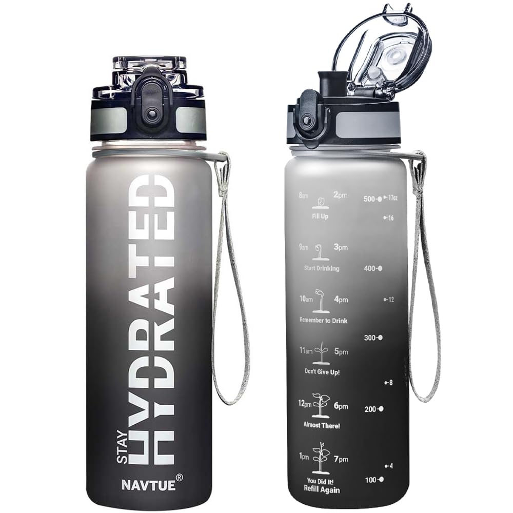 Water Bottle, 16oz Sports Water Bottles with Time Marker Wide Mouth, Motivational and Leakproof Drink Bottle, BPA Free Tritan with Carry Strap for Gym Fitness Outdoor(Direct Drink)