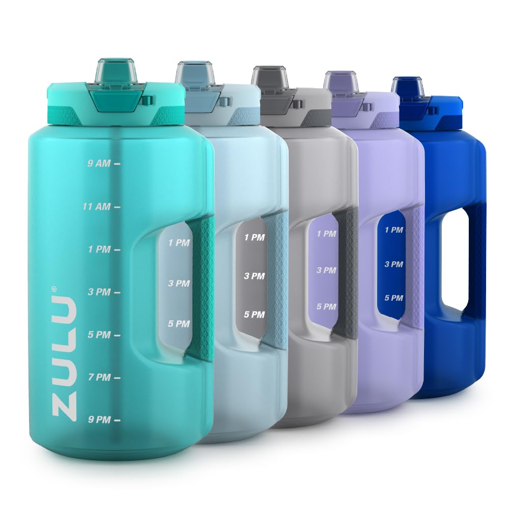 ZULU Goals 64oz Half Gallon Plastic Water Bottle with Straw and Time Marker | Large Reusable Jug with Handle and Leak Proof Lid for All Day Hydration, Gym and Outdoors, Gift Ready, Grey