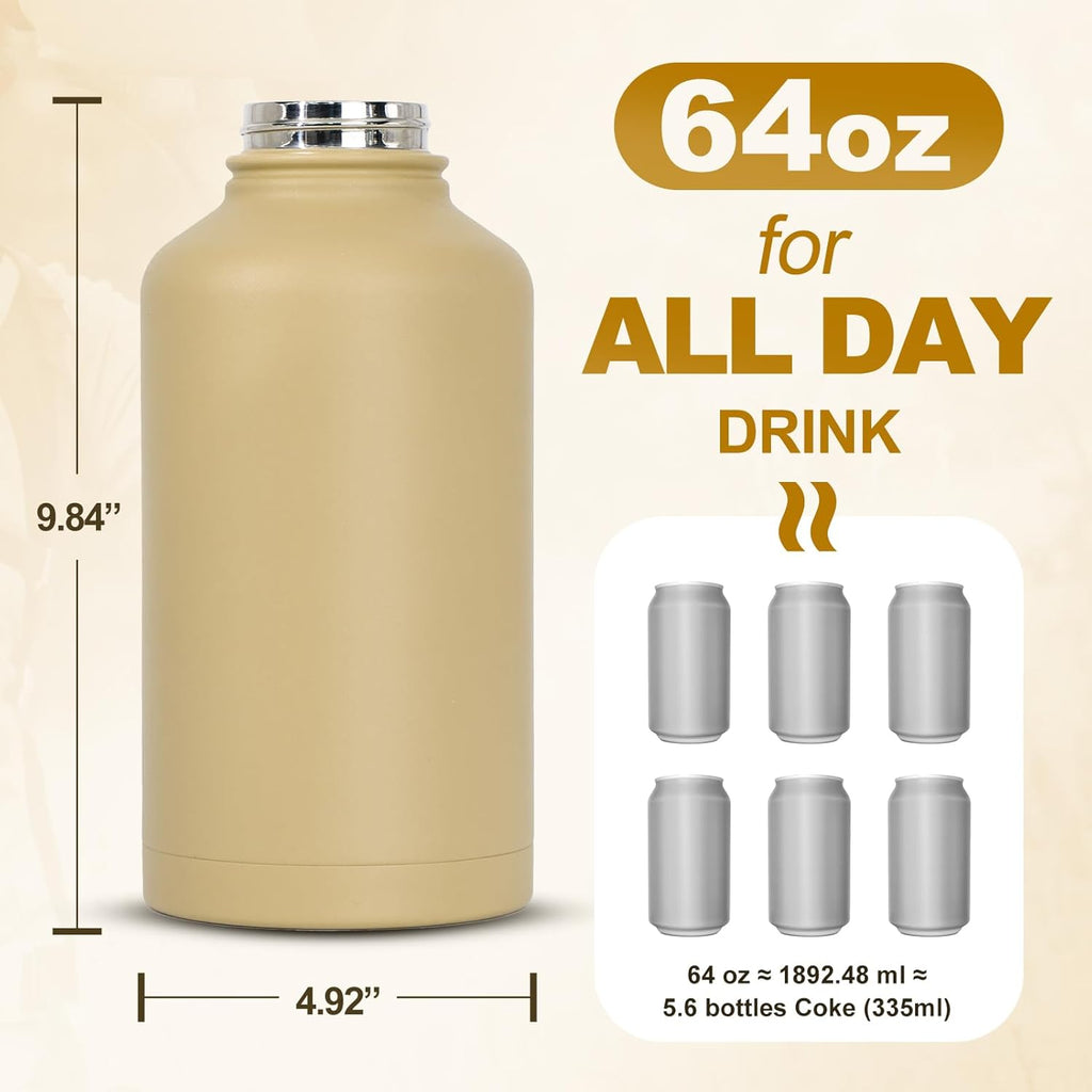 Half Gallon Tactical Water Bottle With Straw - 64 OZ Stainless Steel Water Jug with 3 Lids, Paracord Handle, Molle System