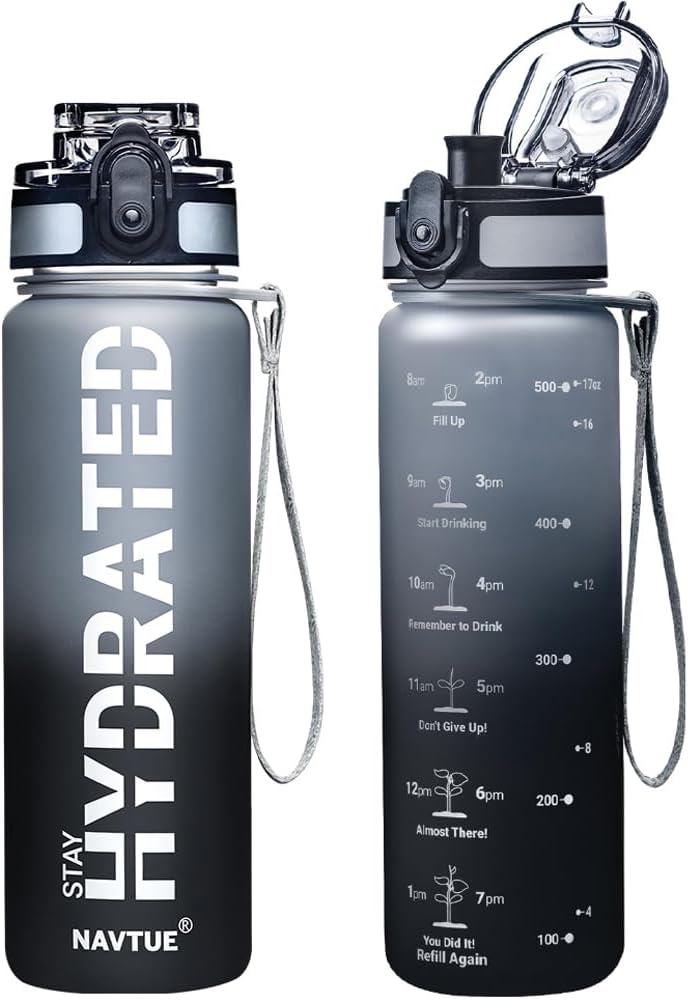 Water Bottle, 16oz Sports Water Bottles with Time Marker Wide Mouth, Motivational and Leakproof Drink Bottle, BPA Free Tritan with Carry Strap for Gym Fitness Outdoor(Direct Drink)