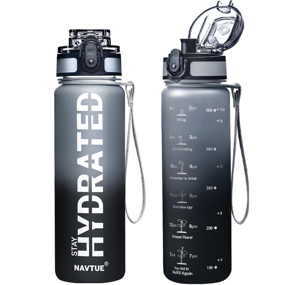 Water Bottle, 16oz Sports Water Bottles with Time Marker Wide Mouth, Motivational and Leakproof Drink Bottle, BPA Free Tritan with Carry Strap for Gym Fitness Outdoor(Direct Drink)