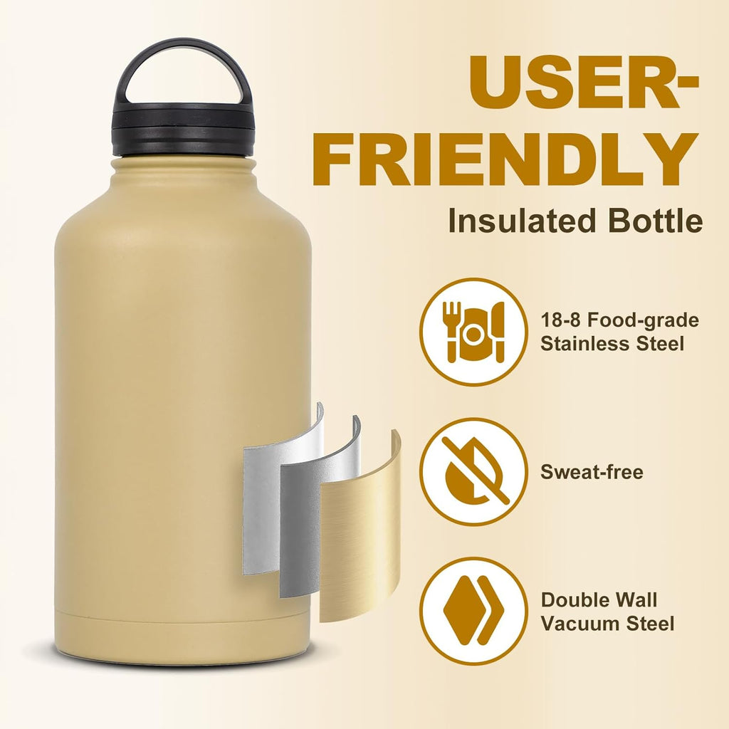 Half Gallon Tactical Water Bottle With Straw - 64 OZ Stainless Steel Water Jug with 3 Lids, Paracord Handle, Molle System