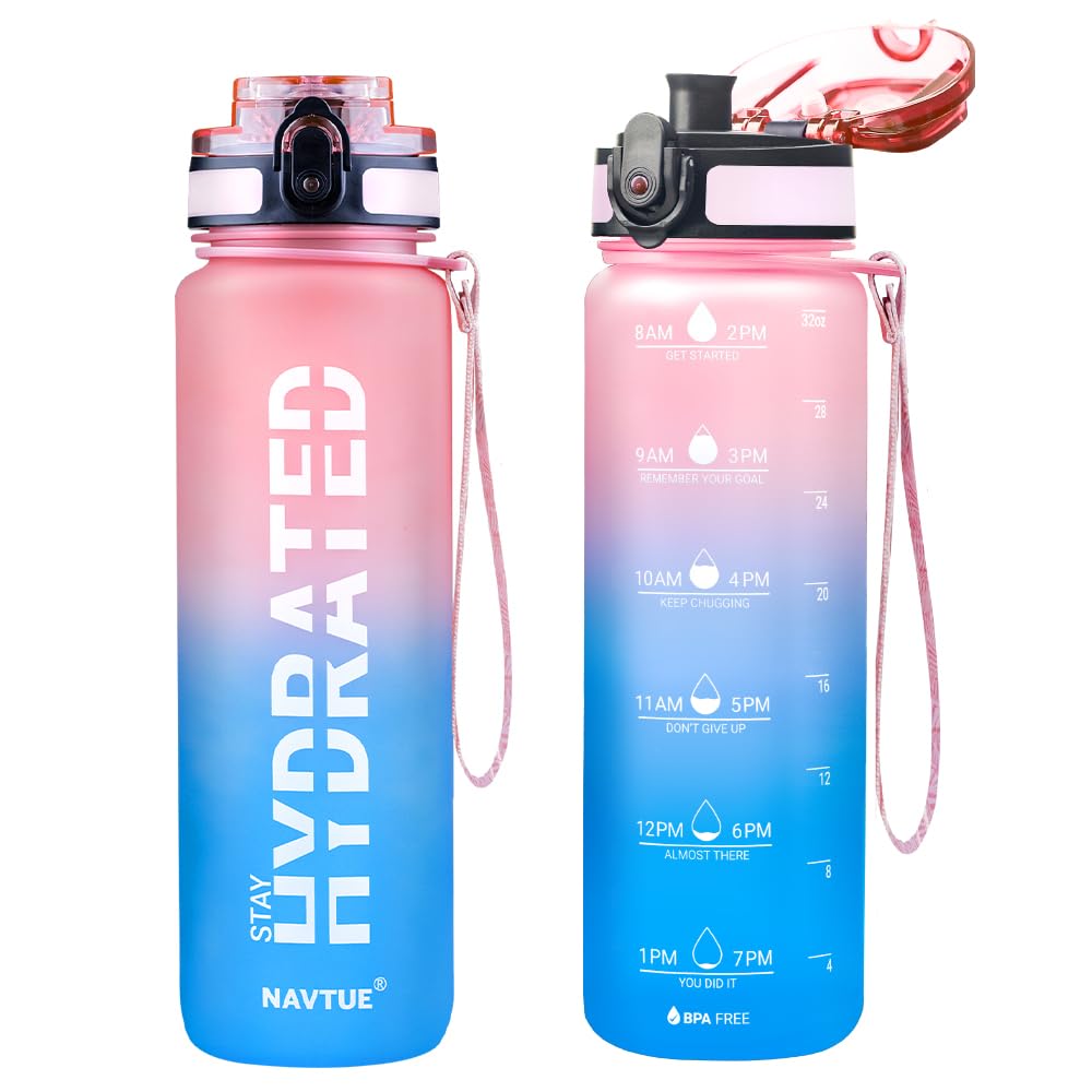 Water Bottle, 16oz Sports Water Bottles with Time Marker Wide Mouth, Motivational and Leakproof Drink Bottle, BPA Free Tritan with Carry Strap for Gym Fitness Outdoor(Direct Drink)