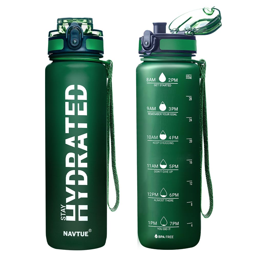 Water Bottle, 16oz Sports Water Bottles with Time Marker Wide Mouth, Motivational and Leakproof Drink Bottle, BPA Free Tritan with Carry Strap for Gym Fitness Outdoor(Direct Drink)