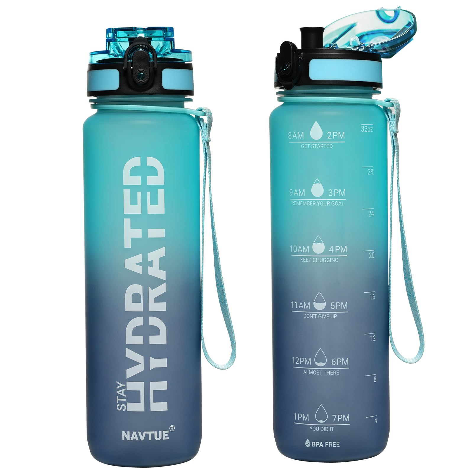 Water Bottle, 16oz Sports Water Bottles with Time Marker Wide Mouth, Motivational and Leakproof Drink Bottle, BPA Free Tritan with Carry Strap for Gym Fitness Outdoor(Direct Drink)