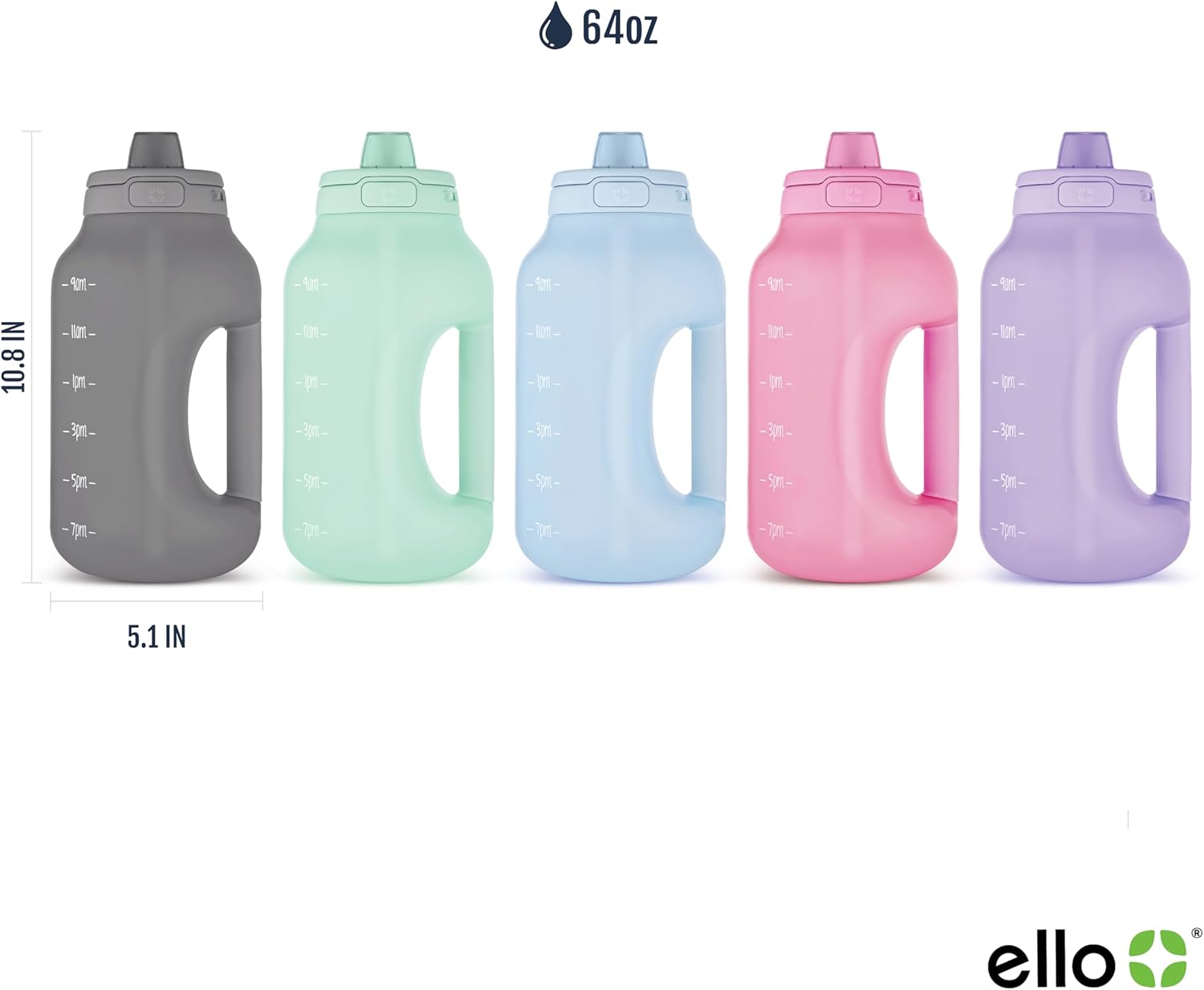 Ello Hydra 64oz Half Gallon Water Jug with Handle and Motivational Time Markers for All Day Hydration, Plastic Reusable Water Bottle with Straw and Locking, Leak Proof Lid, BPA Free