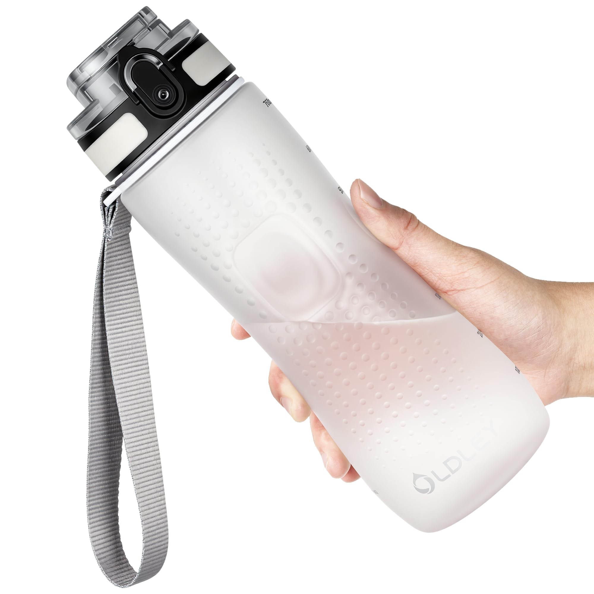 OLDLEY 25 oz Water Bottle, Motivational Water Bottle with Time Marker, Sports Water Bottle With Strap, Leakproof & BPA Free Large Water Bottles for School, Gym, Travel, Outdoor, Tritan,Black