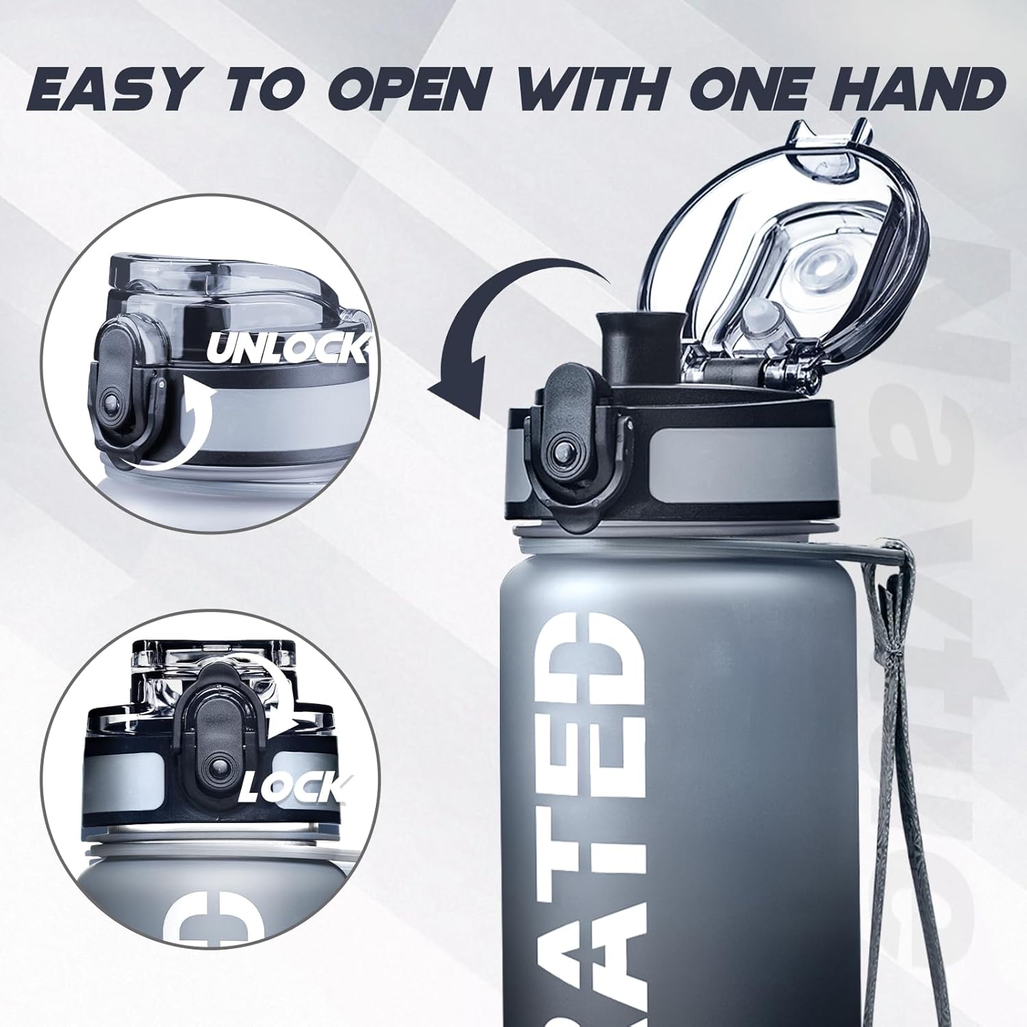 Water Bottle, 16oz Sports Water Bottles with Time Marker Wide Mouth, Motivational and Leakproof Drink Bottle, BPA Free Tritan with Carry Strap for Gym Fitness Outdoor(Direct Drink)