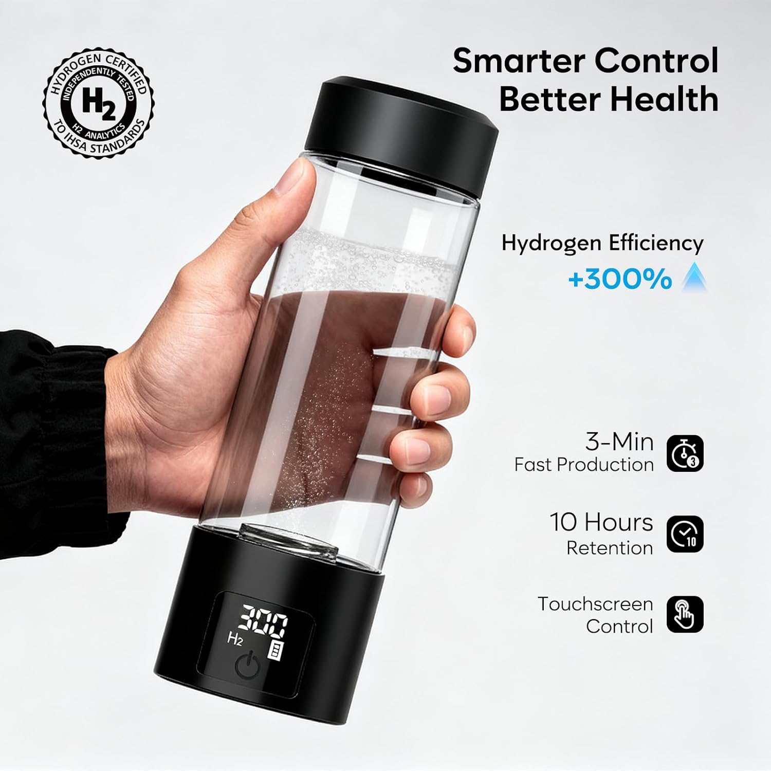 Upgraded Hydrogen Water Bottle Generator Glass, Touch Screen, Leak-Proof Lid, SPE/PEM Tech, Portable Rechargeable Hydrogen Water Bottle for Home Office Travel Fitness Drinking, 14 oz
