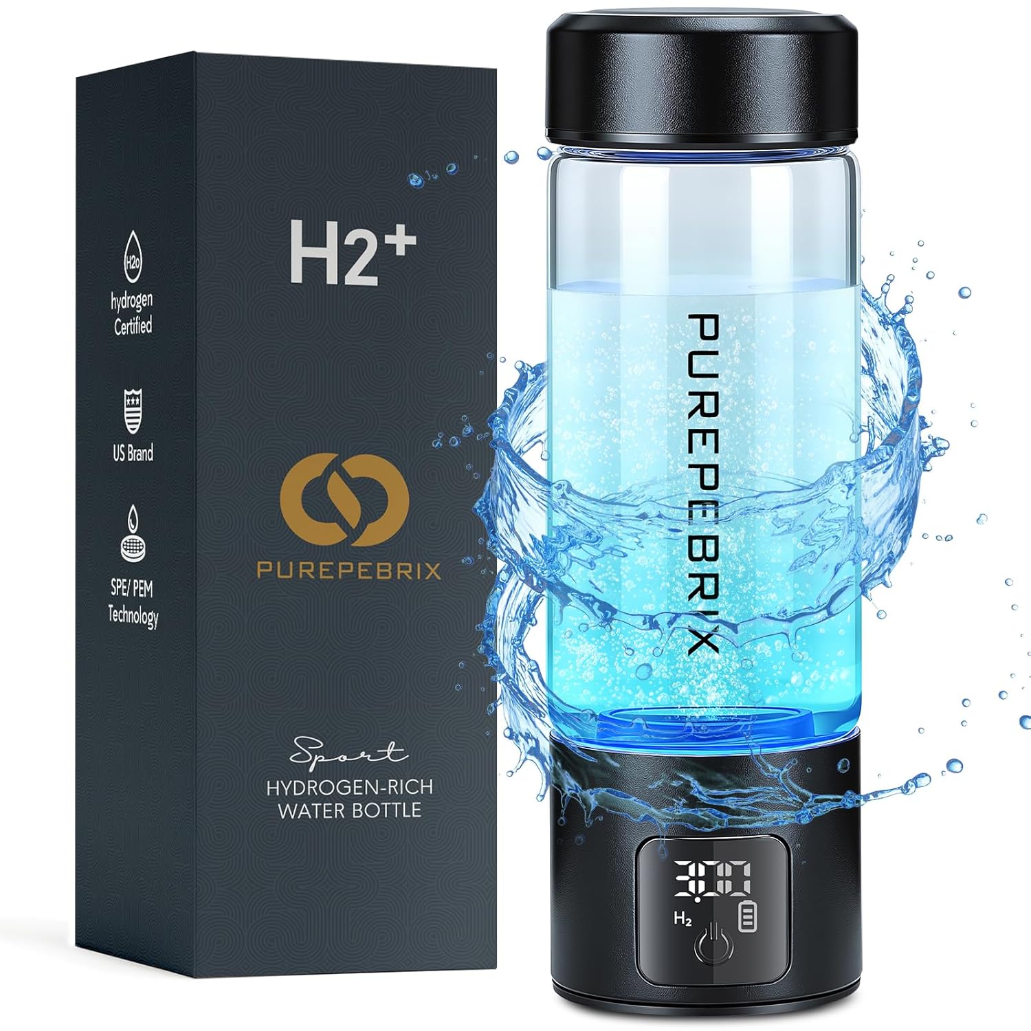 Upgraded Hydrogen Water Bottle Generator Glass, Touch Screen, Leak-Proof Lid, SPE/PEM Tech, Portable Rechargeable Hydrogen Water Bottle for Home Office Travel Fitness Drinking, 14 oz