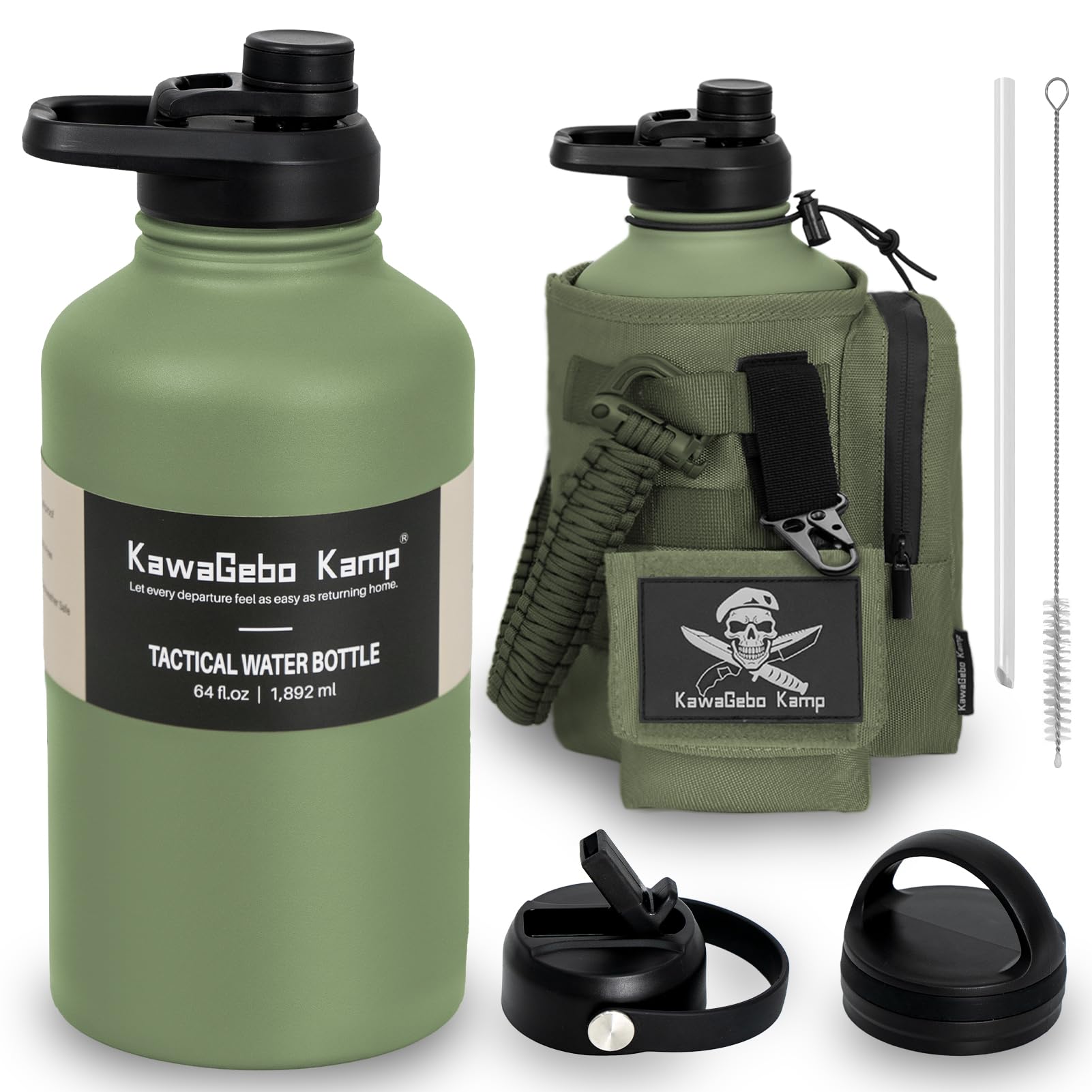 Half Gallon Tactical Water Bottle With Straw - 64 OZ Stainless Steel Water Jug with 3 Lids, Paracord Handle, Molle System