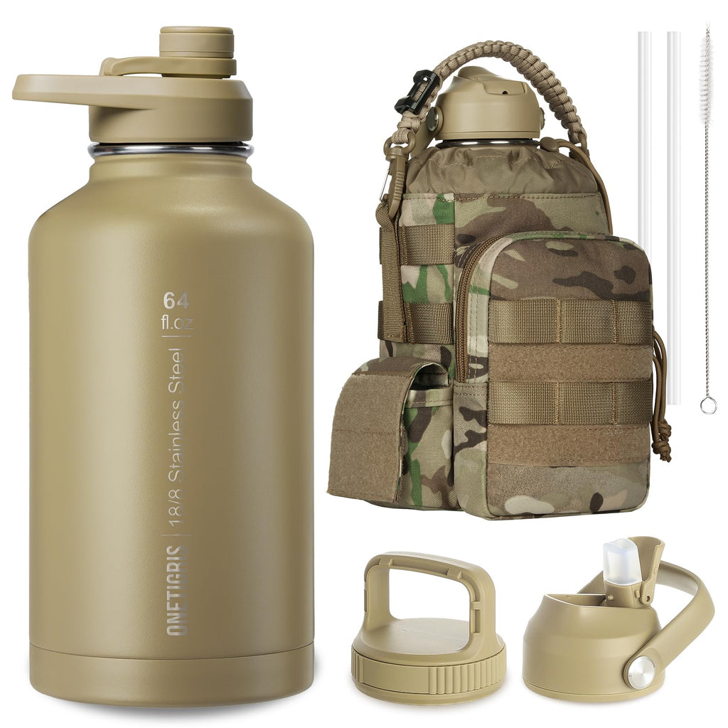 ONETIGRIS Tactical Half Gallon Water Bottle with Straw - 64 oz Vacuum Insulated Stainless Steel Water Jug, Leakproof Sport Bottle with 3 BPA Free Lids, Paracord Handle & MOLLE Water Pouch for Outdoor