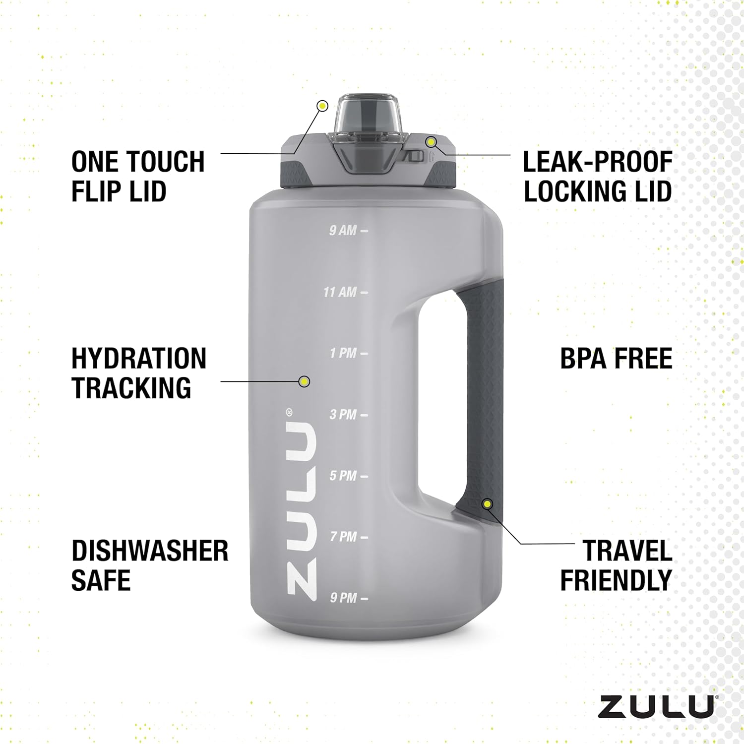 ZULU Goals 64oz Half Gallon Plastic Water Bottle with Straw and Time Marker | Large Reusable Jug with Handle and Leak Proof Lid for All Day Hydration, Gym and Outdoors, Gift Ready, Grey