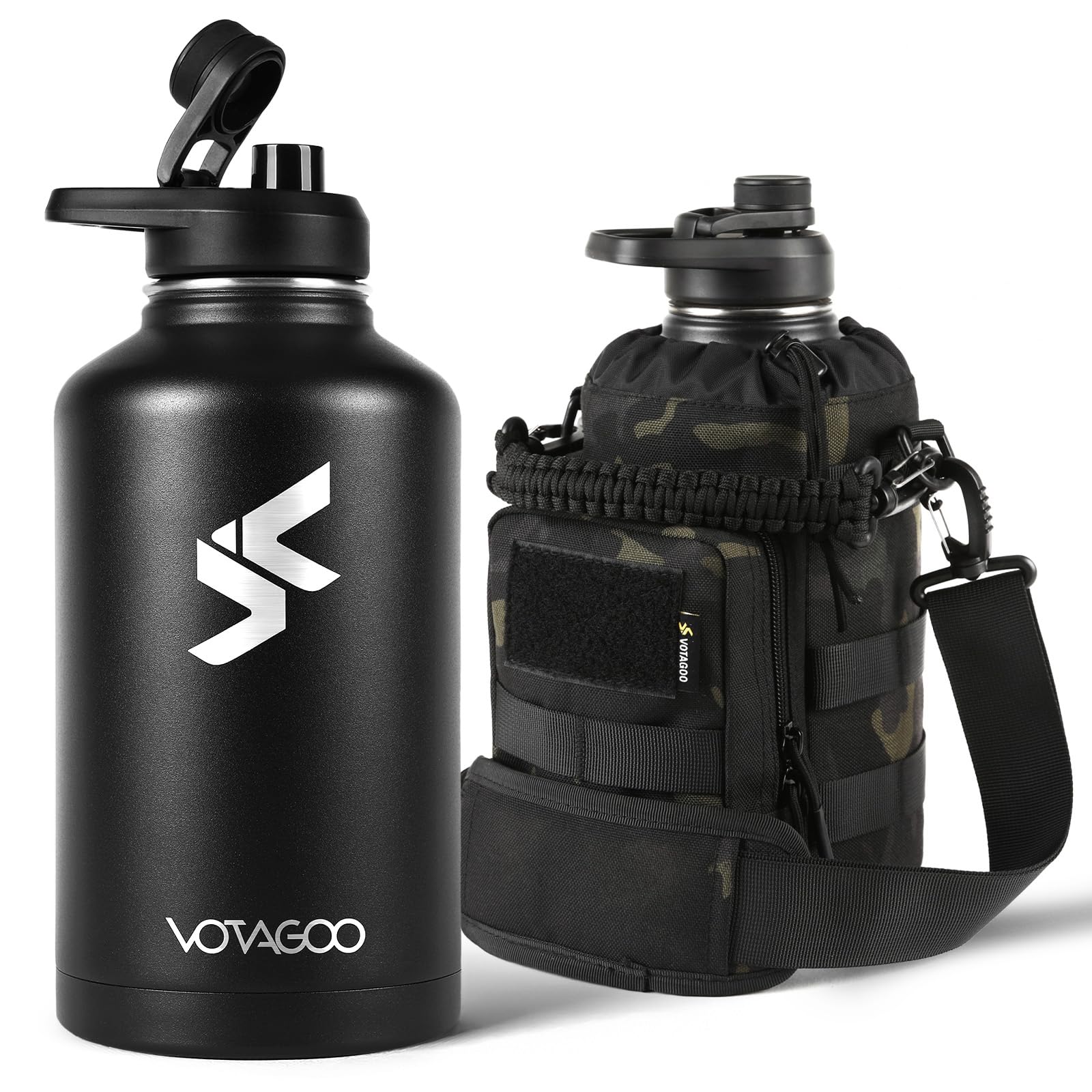 64Oz Tactical Water Bottle - Half Gallon Stainless Steel Insulated Water Bottle, Metal Military Bottle with Rugged, Removable Sleeve Tactical Carrier Bag for Hiking Camping Hunting (BLACK)