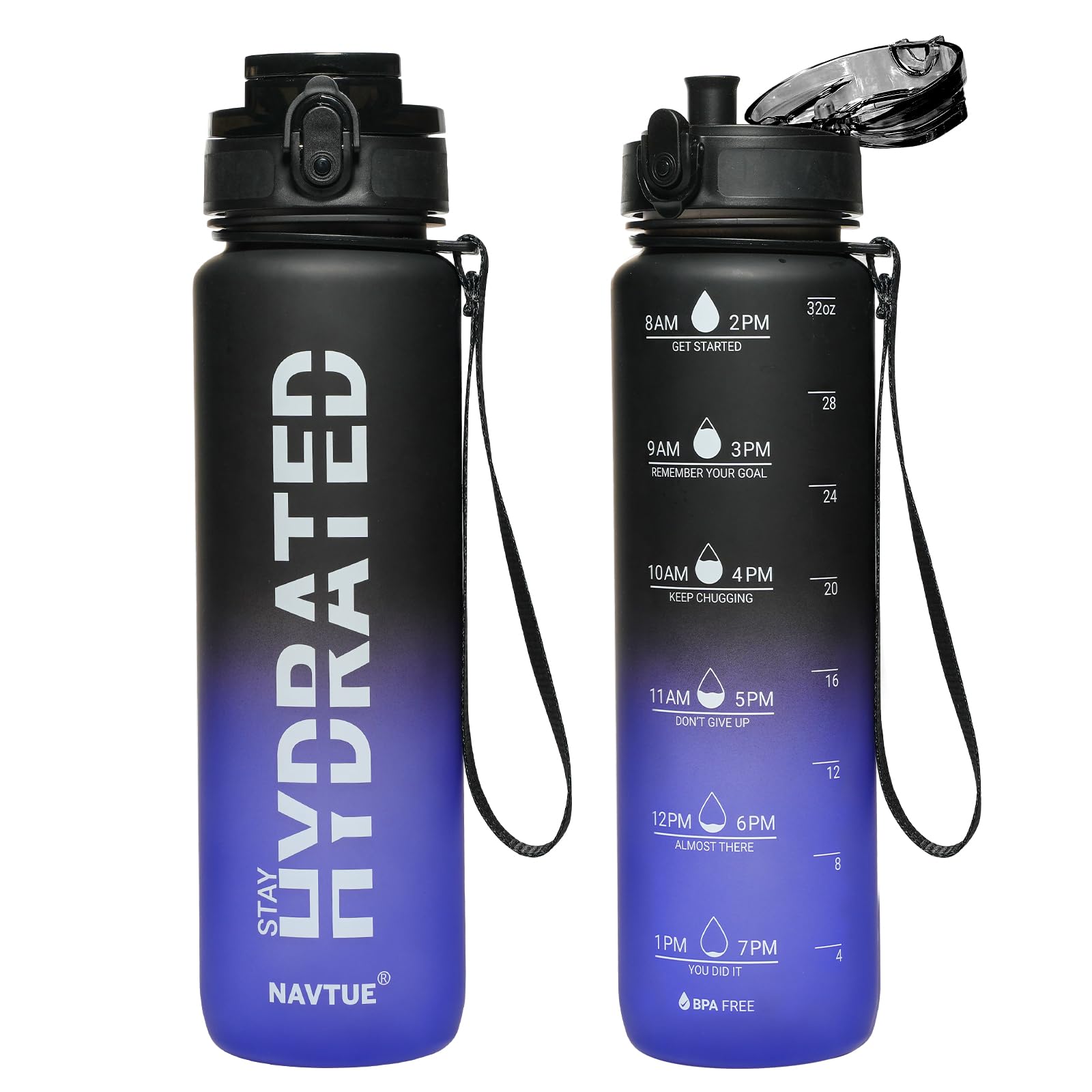 Water Bottle, 16oz Sports Water Bottles with Time Marker Wide Mouth, Motivational and Leakproof Drink Bottle, BPA Free Tritan with Carry Strap for Gym Fitness Outdoor(Direct Drink)