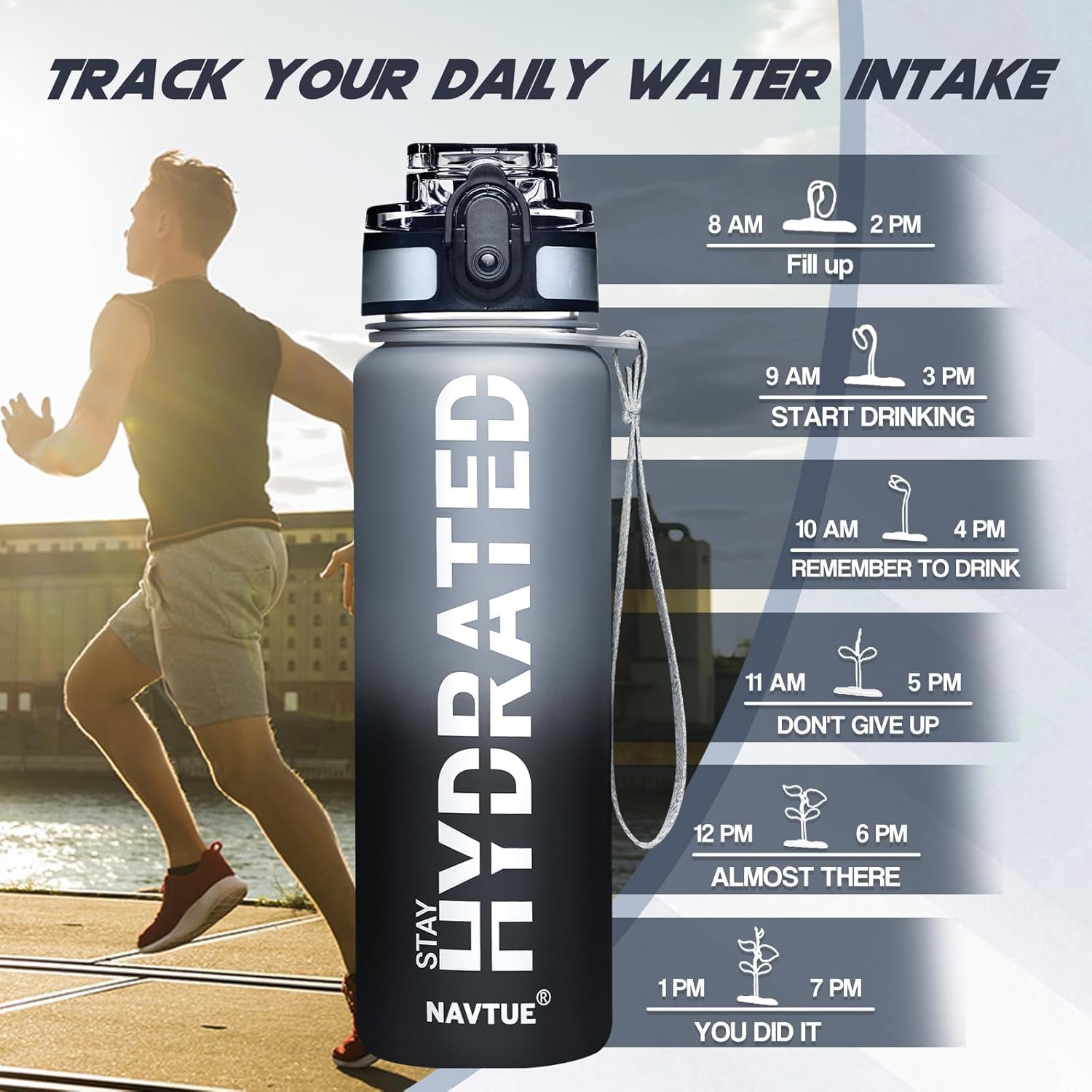 Water Bottle, 16oz Sports Water Bottles with Time Marker Wide Mouth, Motivational and Leakproof Drink Bottle, BPA Free Tritan with Carry Strap for Gym Fitness Outdoor(Direct Drink)