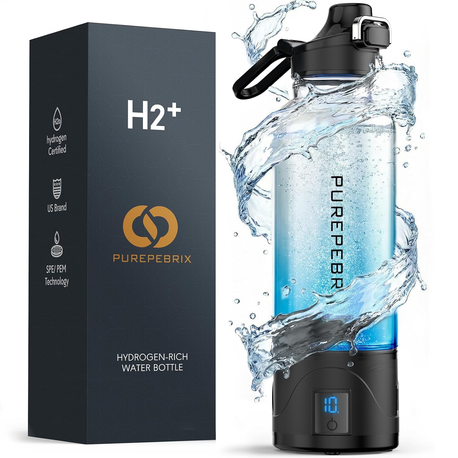 Upgraded Hydrogen Water Bottle Glass Generator - 34oz Borosilicate Glass, SPE/PEM Tech, Leak-Proof Lid, Easy-Carry Handle, Sports-Inspired Design for Home, Office & Travel Hydration