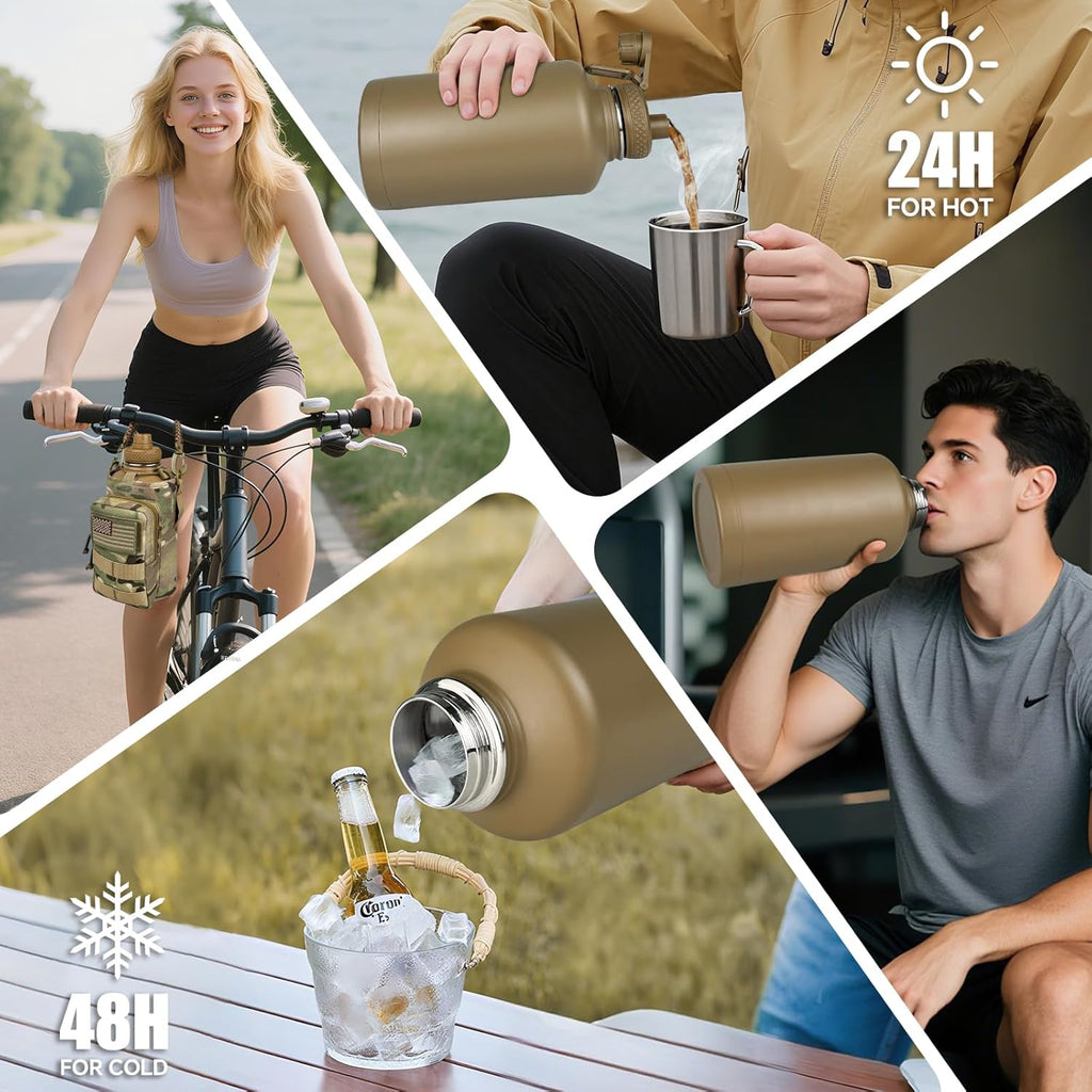 Half Gallon Water Bottle Insulated with Sleeve - Tactical 64 oz Stainless Steel Water Jug with MOLLE Water Bottle Pouch, Gym Water Bottles for Men Hiking Workout (CP Camo)