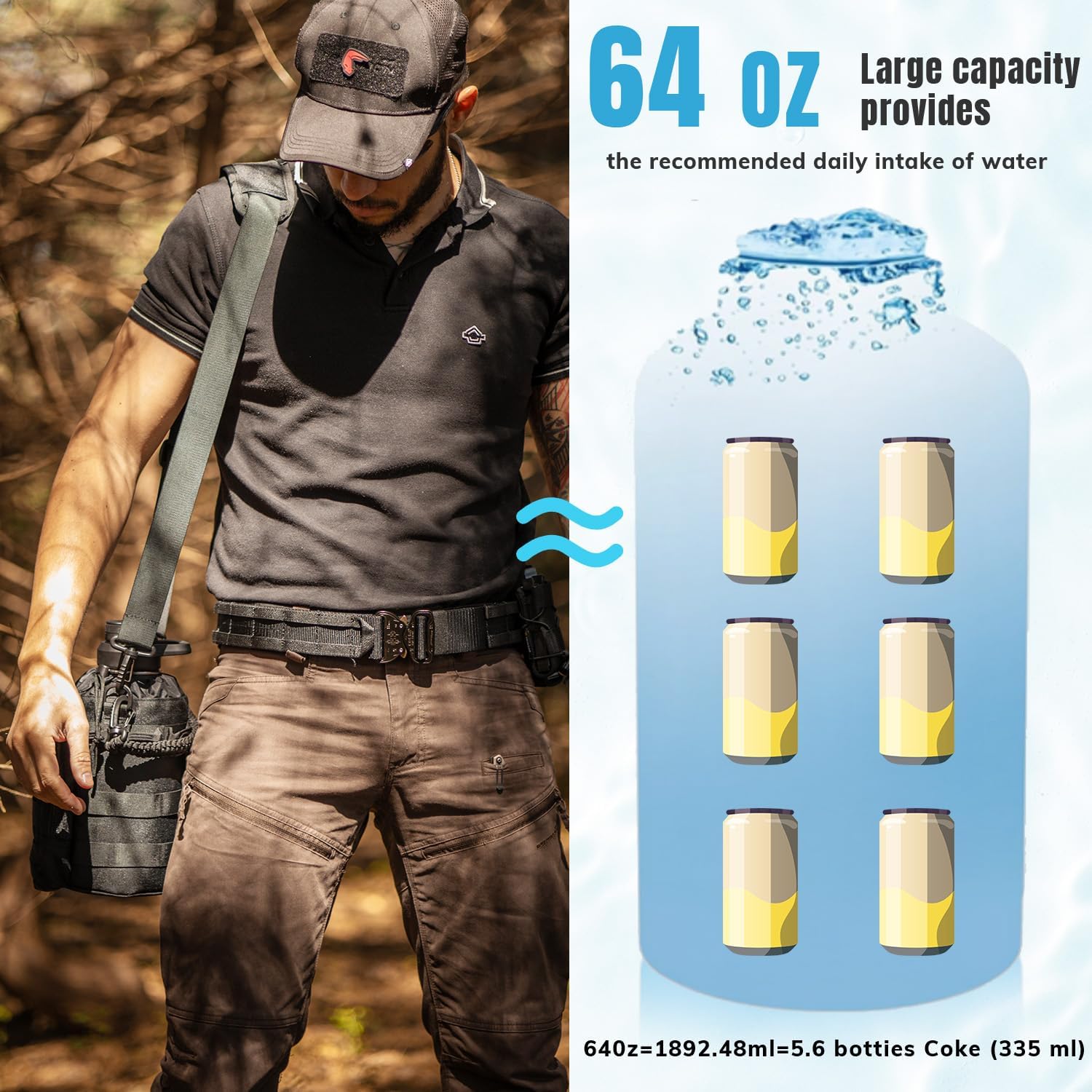 64Oz Tactical Water Bottle - Half Gallon Stainless Steel Insulated Water Bottle, Metal Military Bottle with Rugged, Removable Sleeve Tactical Carrier Bag for Hiking Camping Hunting (BLACK)