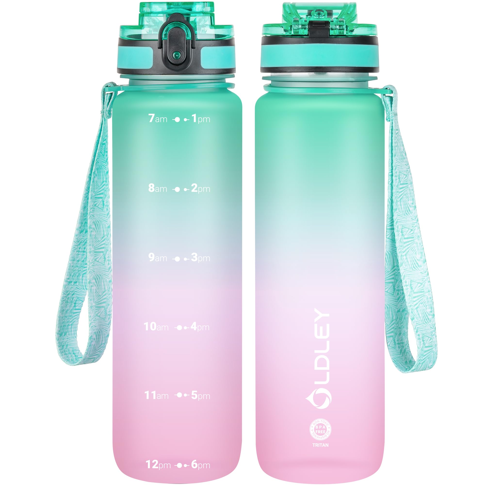 OLDLEY 25 oz Water Bottle, Motivational Water Bottle with Time Marker, Sports Water Bottle With Strap, Leakproof & BPA Free Large Water Bottles for School, Gym, Travel, Outdoor, Tritan,Black