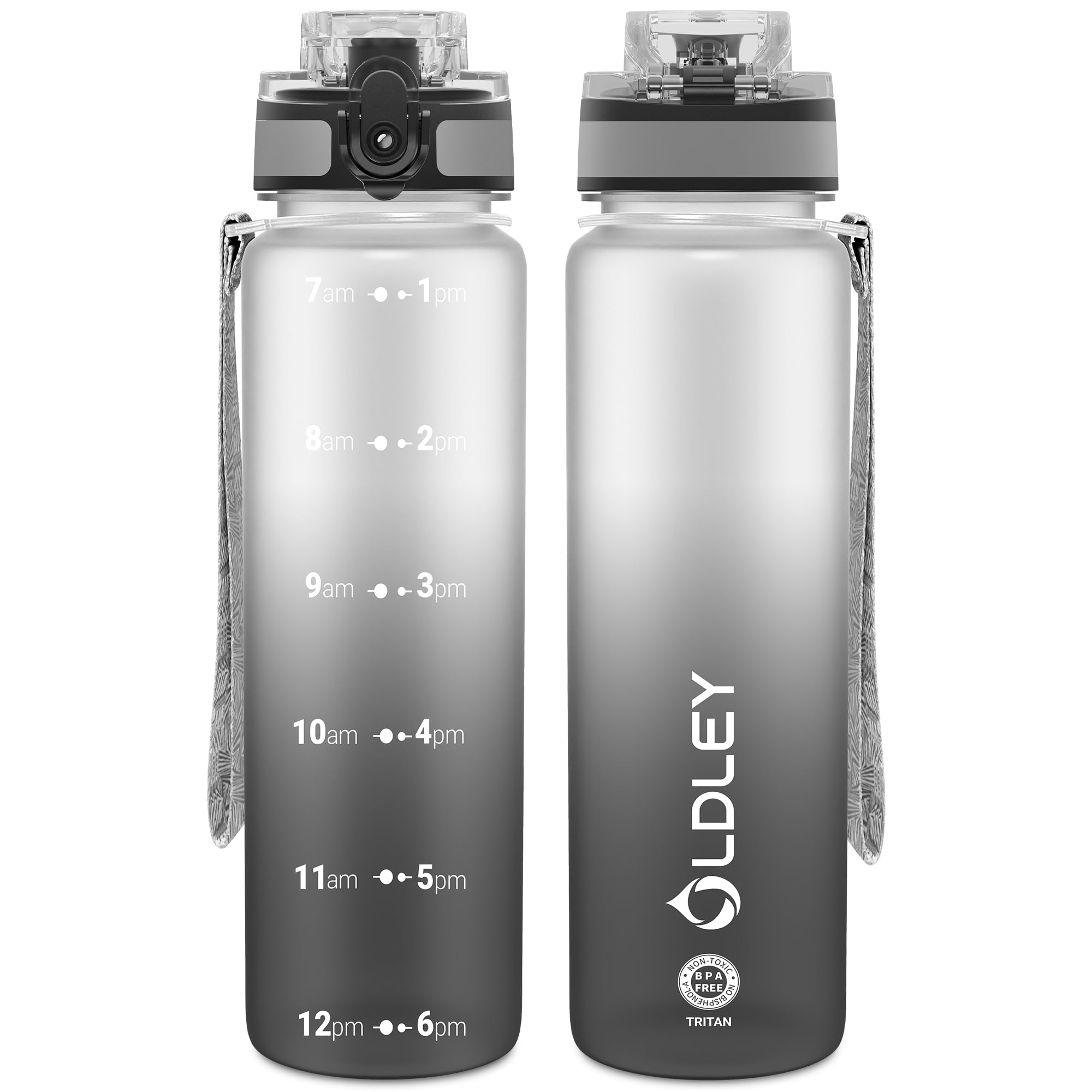 OLDLEY 25 oz Water Bottle, Motivational Water Bottle with Time Marker, Sports Water Bottle With Strap, Leakproof & BPA Free Large Water Bottles for School, Gym, Travel, Outdoor, Tritan,Black