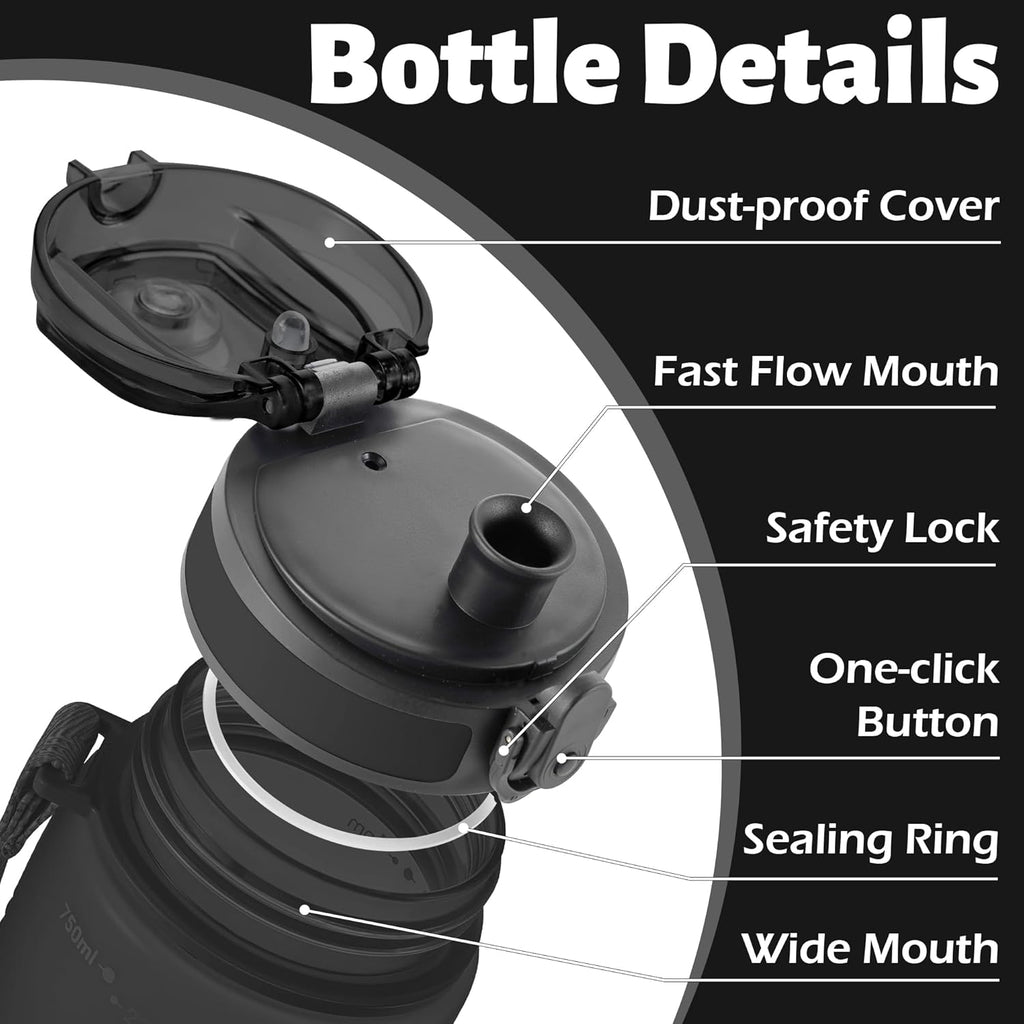 OLDLEY 25 oz Water Bottle, Motivational Water Bottle with Time Marker, Sports Water Bottle With Strap, Leakproof & BPA Free Large Water Bottles for School, Gym, Travel, Outdoor, Tritan,Black