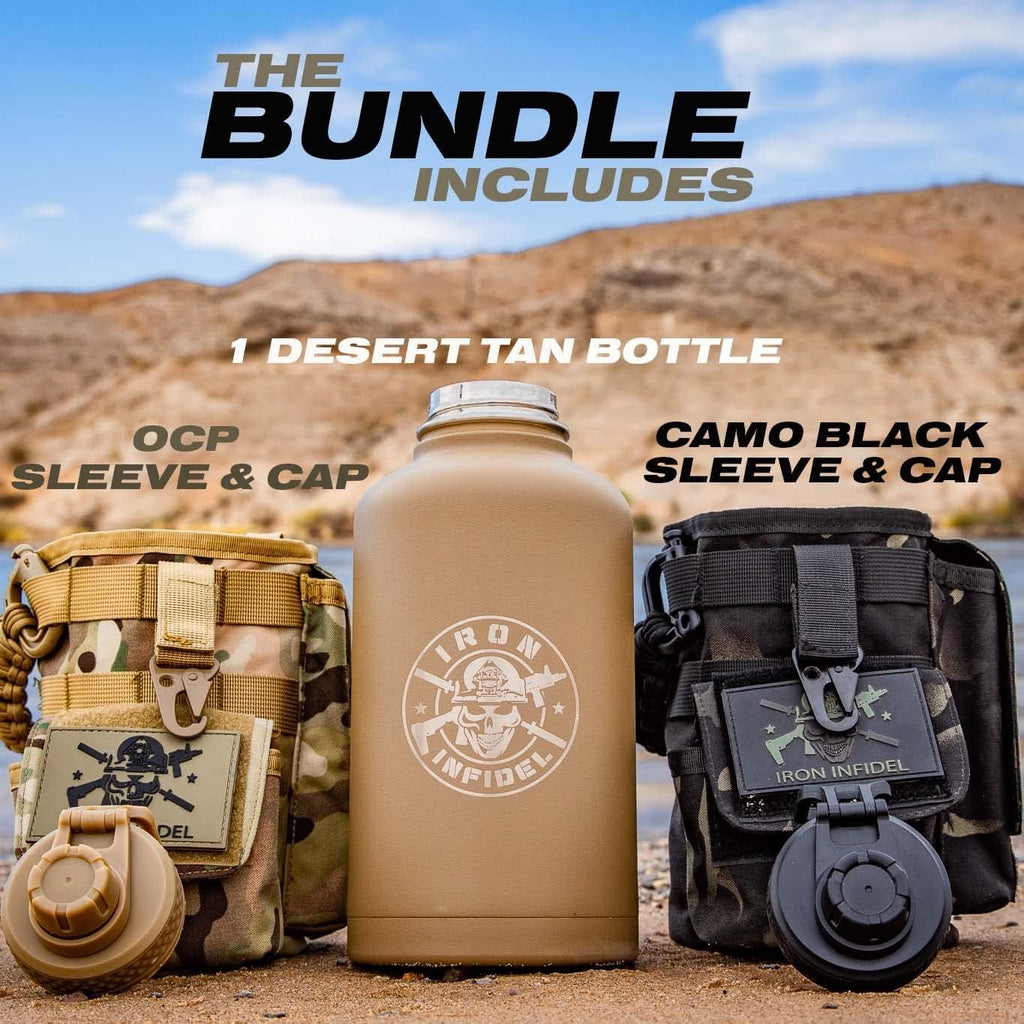 Battle Bottle - Half Gallon Insulated Water Bottle with Paracord Handle - 64 oz Stainless Steel Water Jug with Two Rugged, Removable Sleeves for Keys, Wallet & Phone (Camo Sleeves Bundle)