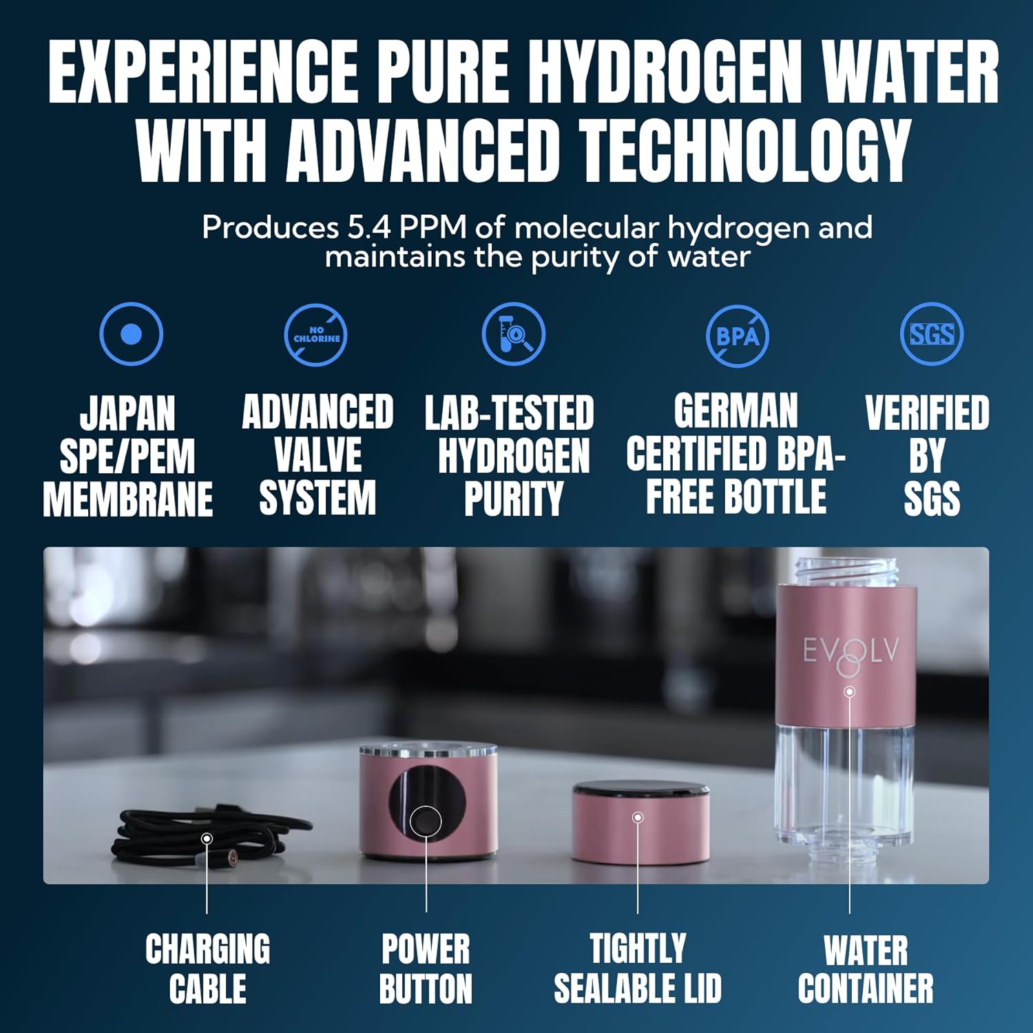 EVOLV Hydrogen Water Bottle Generator – SPE & PEM Water Ionizer 5.4PPM, Highest H2 Concentration – Portable 8oz Hydrogenated Water Bottle – Leak-Proof Hydrogen Water Machine, Easy to Use – Rose