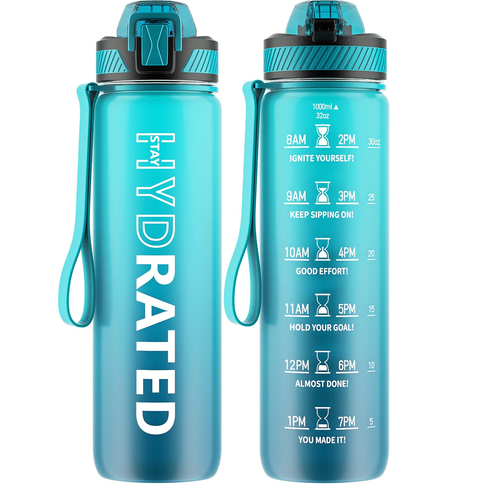 Water Bottle with Straw, 32oz Motivational Water Bottles with Time Marker to Drink, Tritan BPA Free, 1L Sports Water Bottle with Carry Strap LeakProof for Women Gym Fitness Outdoor (1 Pack)