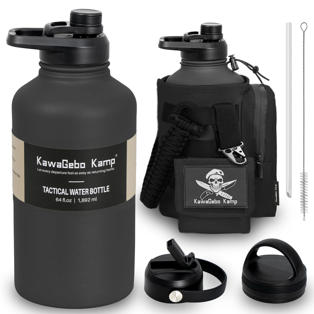Half Gallon Tactical Water Bottle With Straw - 64 OZ Stainless Steel Water Jug with 3 Lids, Paracord Handle, Molle System
