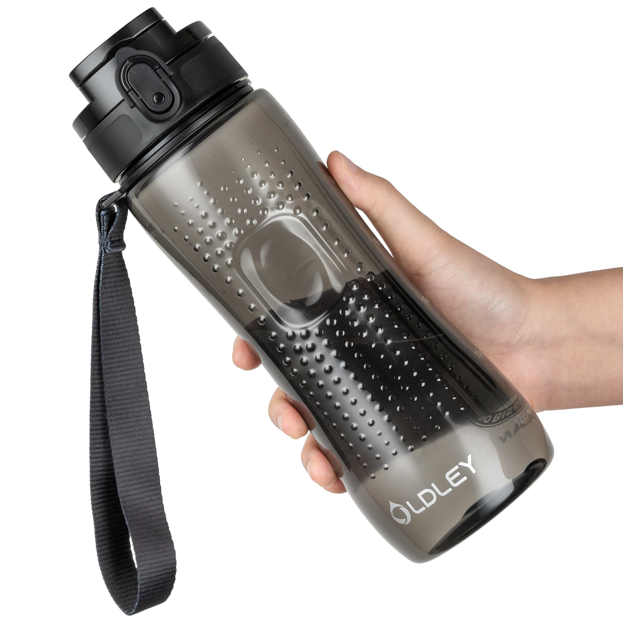 OLDLEY 25 oz Water Bottle, Motivational Water Bottle with Time Marker, Sports Water Bottle With Strap, Leakproof & BPA Free Large Water Bottles for School, Gym, Travel, Outdoor, Tritan,Black
