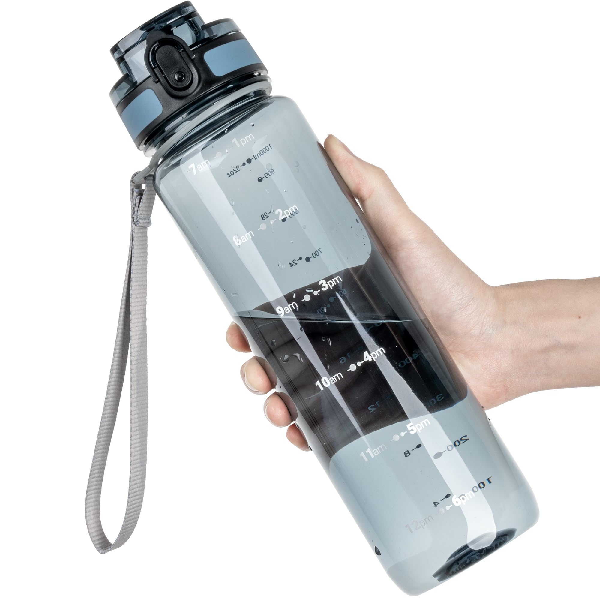 OLDLEY 25 oz Water Bottle, Motivational Water Bottle with Time Marker, Sports Water Bottle With Strap, Leakproof & BPA Free Large Water Bottles for School, Gym, Travel, Outdoor, Tritan,Black