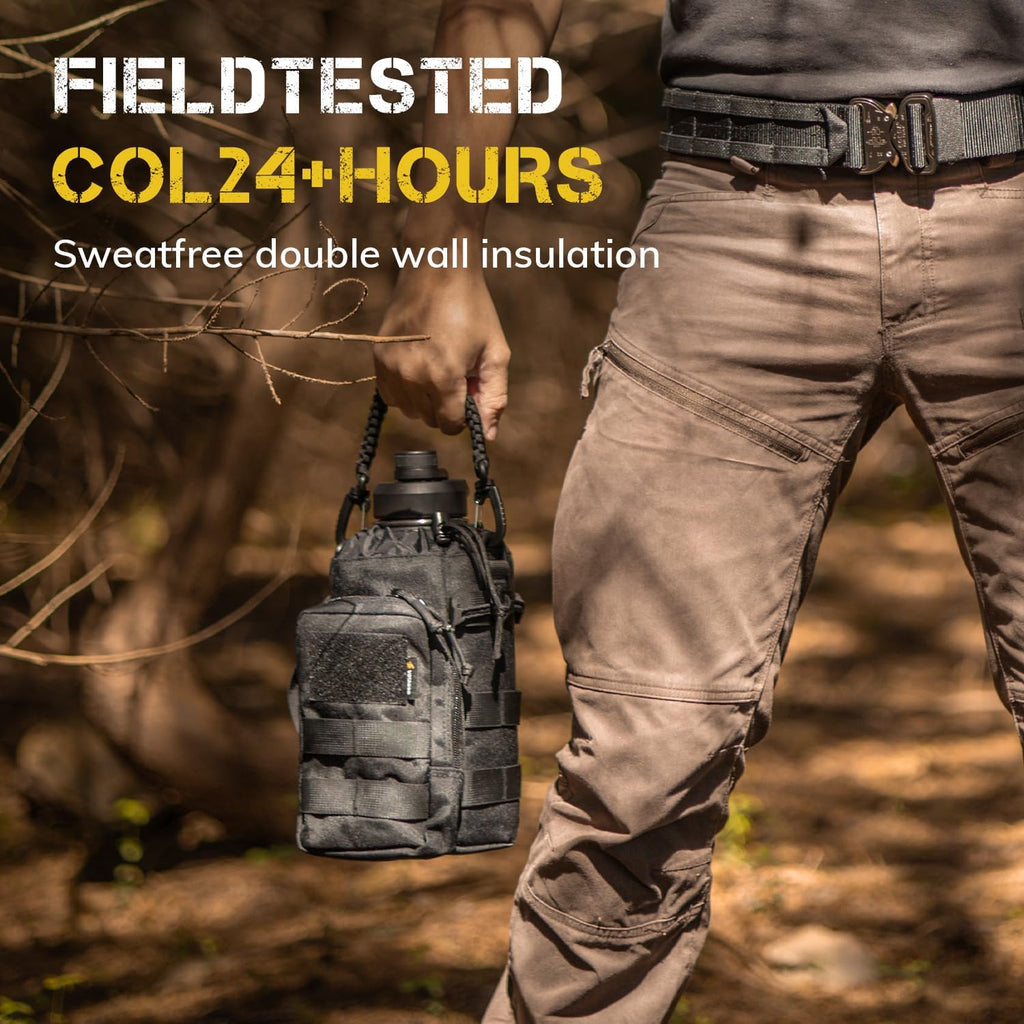 64Oz Tactical Water Bottle - Half Gallon Stainless Steel Insulated Water Bottle, Metal Military Bottle with Rugged, Removable Sleeve Tactical Carrier Bag for Hiking Camping Hunting (BLACK)