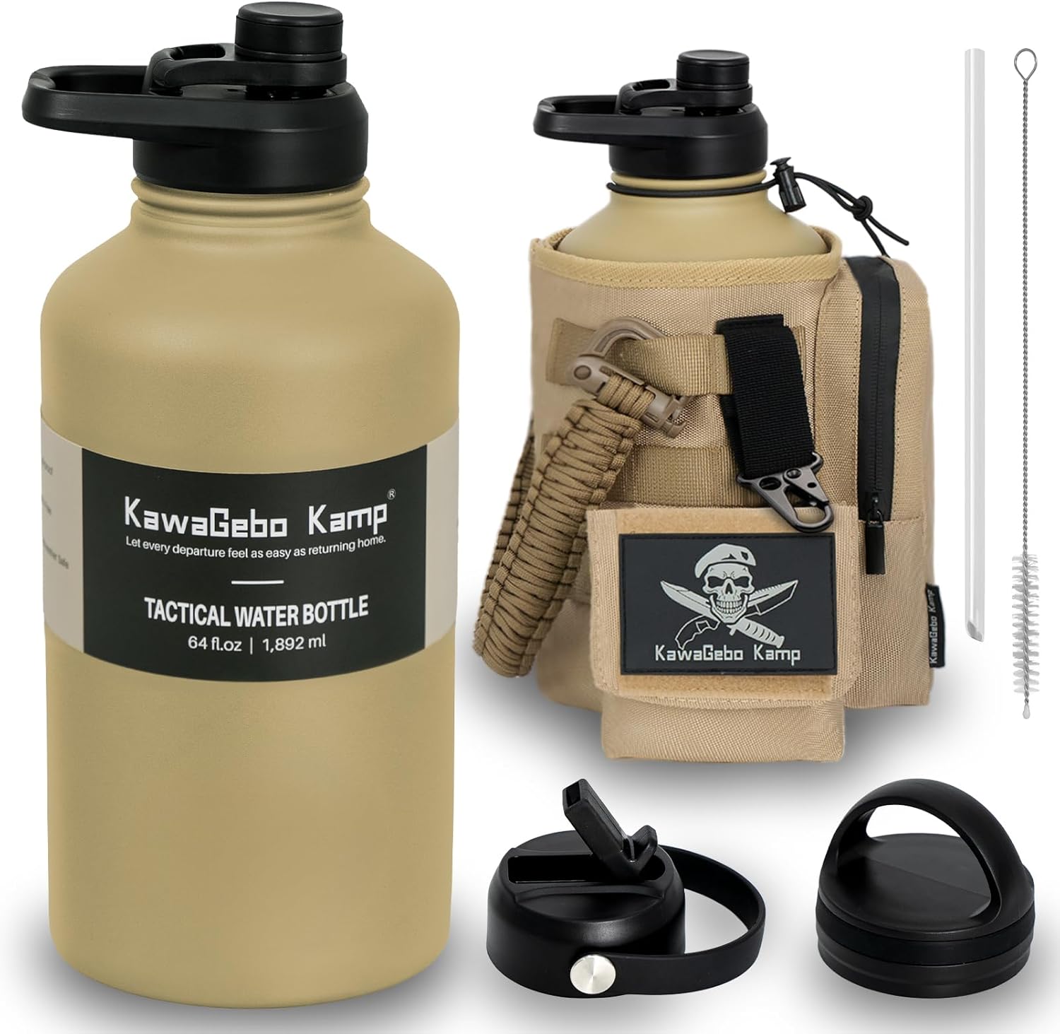 Half Gallon Tactical Water Bottle With Straw - 64 OZ Stainless Steel Water Jug with 3 Lids, Paracord Handle, Molle System