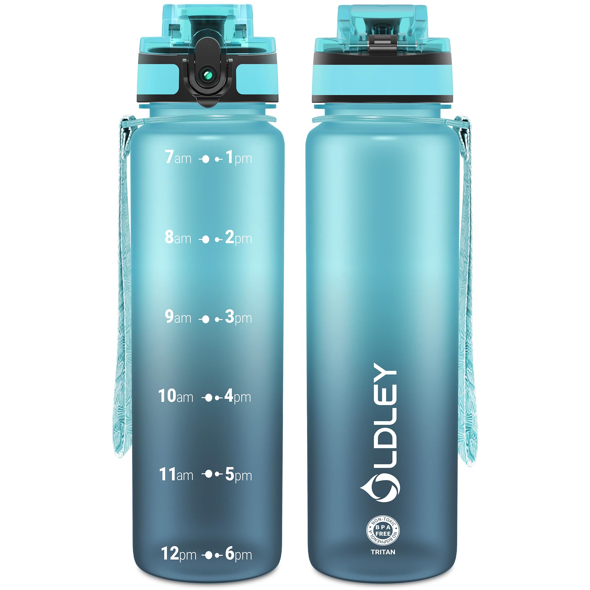 OLDLEY 25 oz Water Bottle, Motivational Water Bottle with Time Marker, Sports Water Bottle With Strap, Leakproof & BPA Free Large Water Bottles for School, Gym, Travel, Outdoor, Tritan,Black