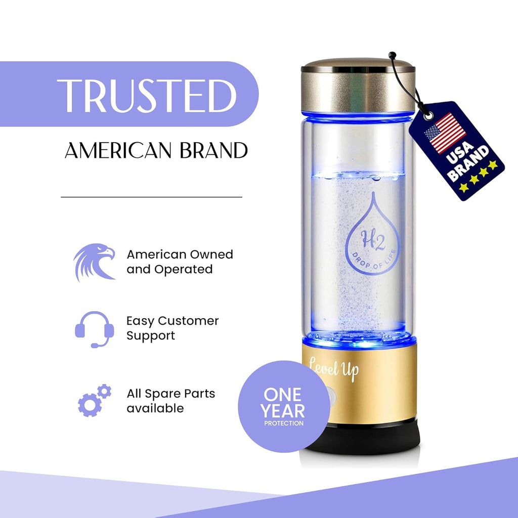 LevelUpWay 2025 Hydrogen Water Bottle Generator – New Technology Glass with SPE PEM Ionic Membrane – High Borosilicate Glass – 13 Ounce (Gold) – Premium Hydration Solution