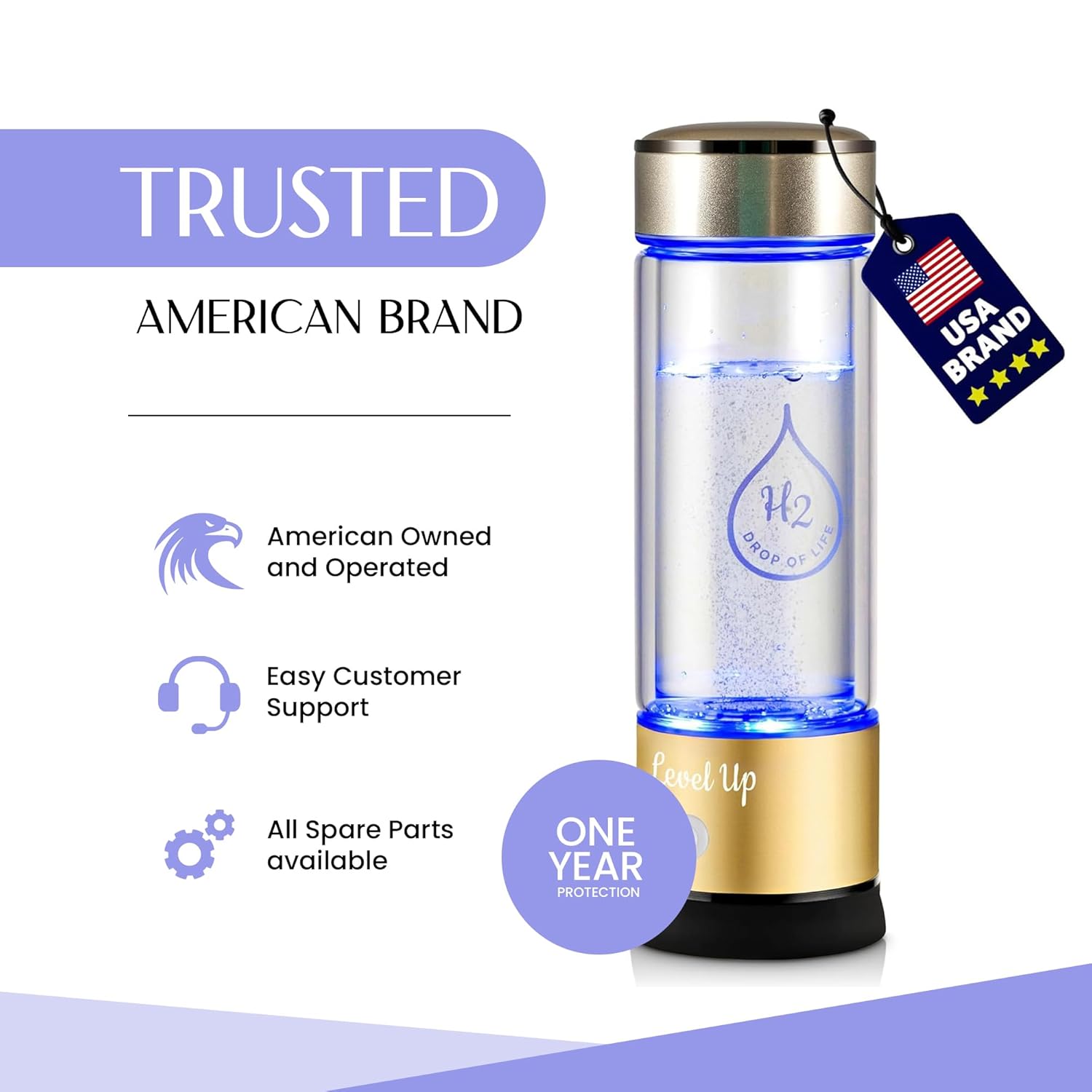 LevelUpWay 2025 Hydrogen Water Bottle Generator – New Technology Glass with SPE PEM Ionic Membrane – High Borosilicate Glass – 13 Ounce (Gold) – Premium Hydration Solution