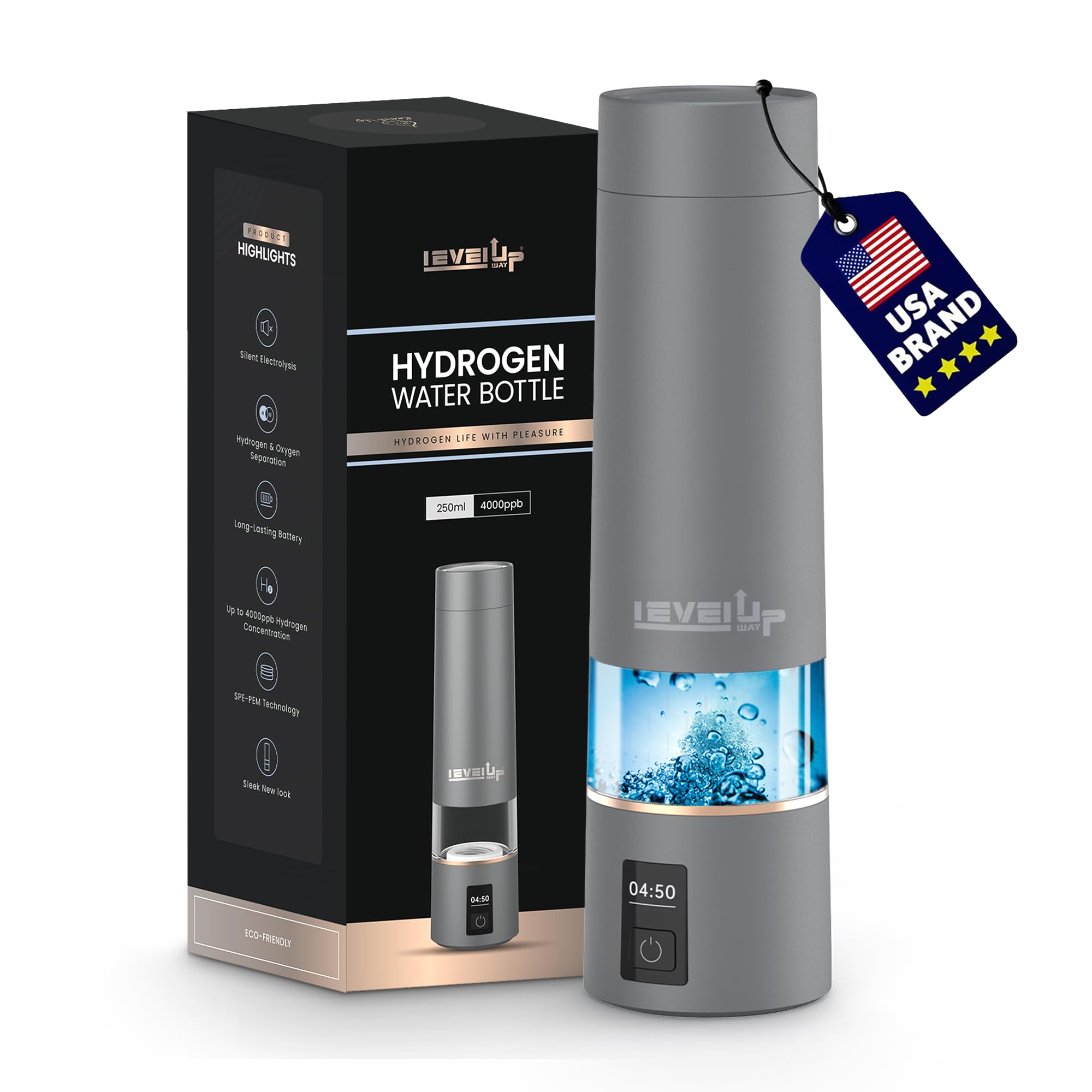 LevelUpWay 2025 Hydrogen Water Bottle Generator with SPE PEM Technology– Up to 4000 PPB – Dual Chamber – 250ml – (White) – Enhanced Hydration Solution