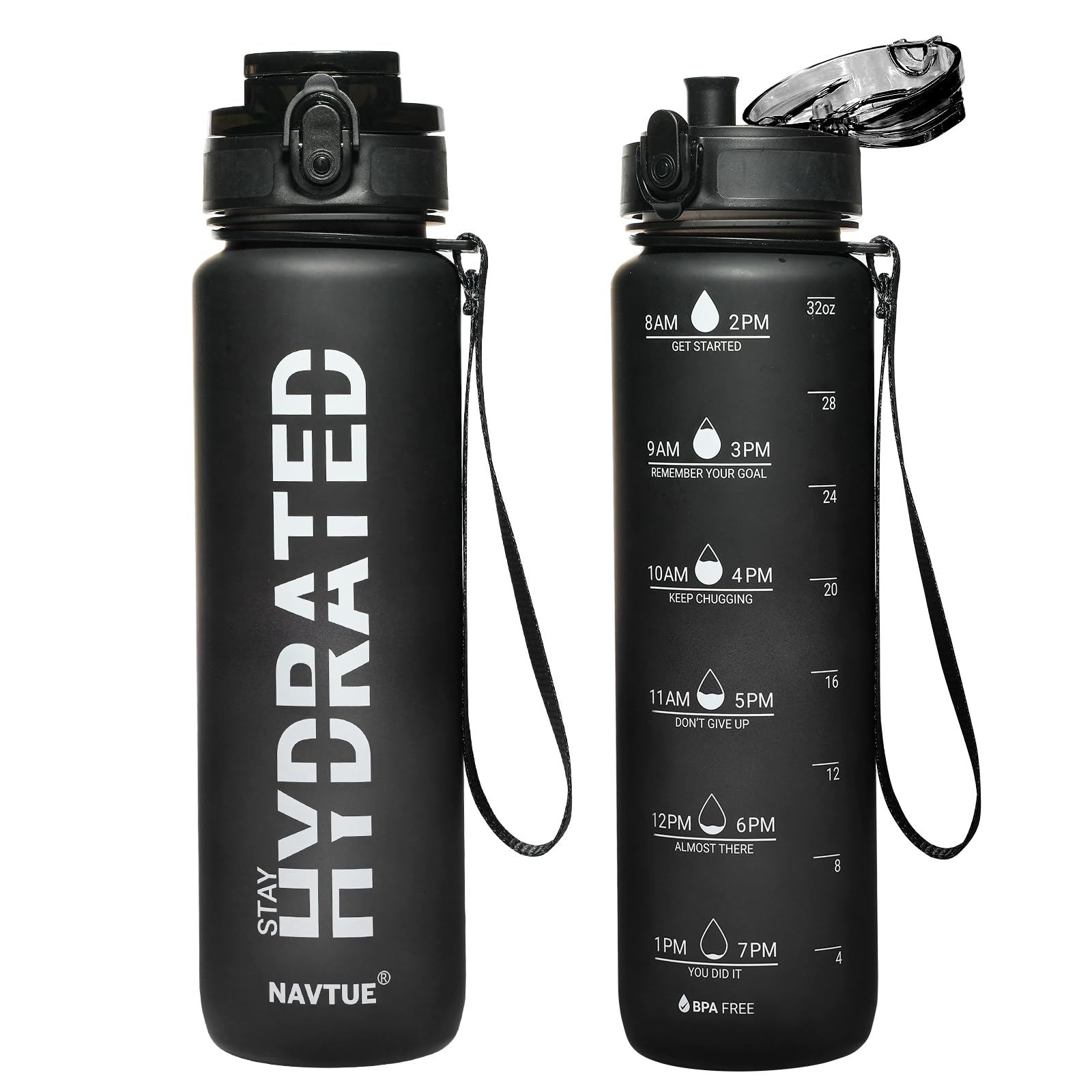 Water Bottle, 16oz Sports Water Bottles with Time Marker Wide Mouth, Motivational and Leakproof Drink Bottle, BPA Free Tritan with Carry Strap for Gym Fitness Outdoor(Direct Drink)