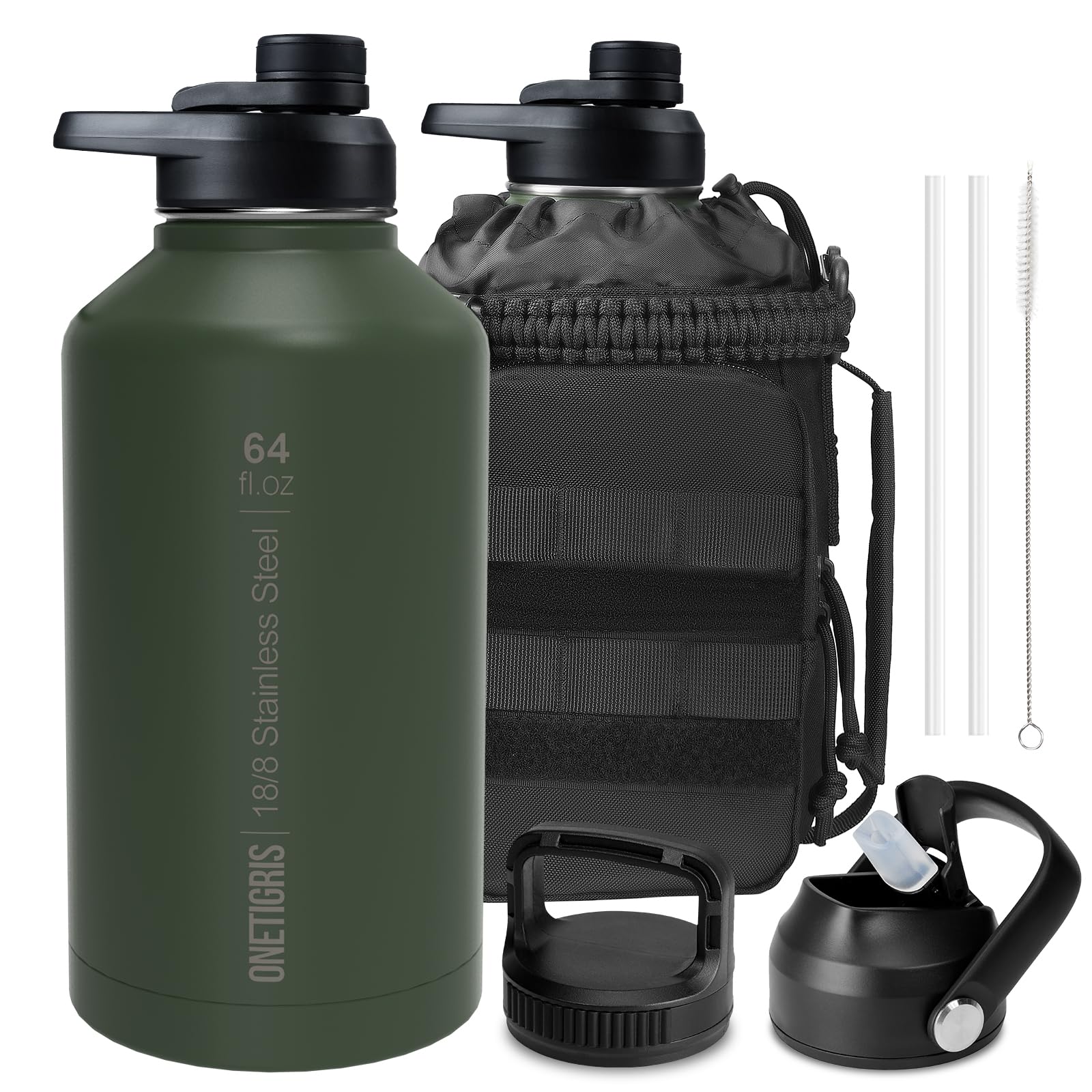 ONETIGRIS Tactical Half Gallon Water Bottle with Straw - 64 oz Vacuum Insulated Stainless Steel Water Jug, Leakproof Sport Bottle with 3 BPA Free Lids, Paracord Handle & MOLLE Water Pouch for Outdoor