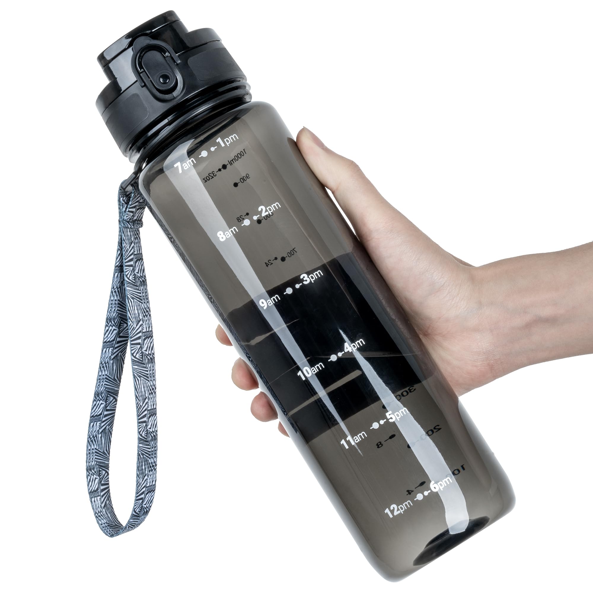 OLDLEY 25 oz Water Bottle, Motivational Water Bottle with Time Marker, Sports Water Bottle With Strap, Leakproof & BPA Free Large Water Bottles for School, Gym, Travel, Outdoor, Tritan,Black
