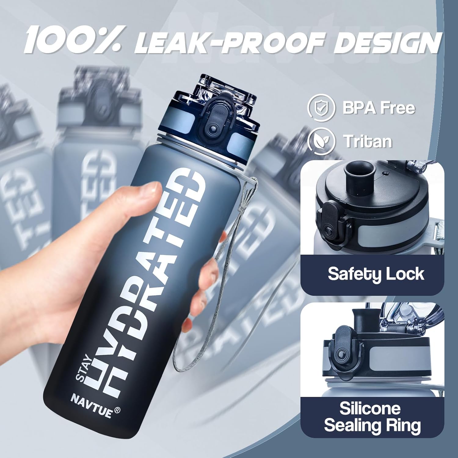 Water Bottle, 16oz Sports Water Bottles with Time Marker Wide Mouth, Motivational and Leakproof Drink Bottle, BPA Free Tritan with Carry Strap for Gym Fitness Outdoor(Direct Drink)