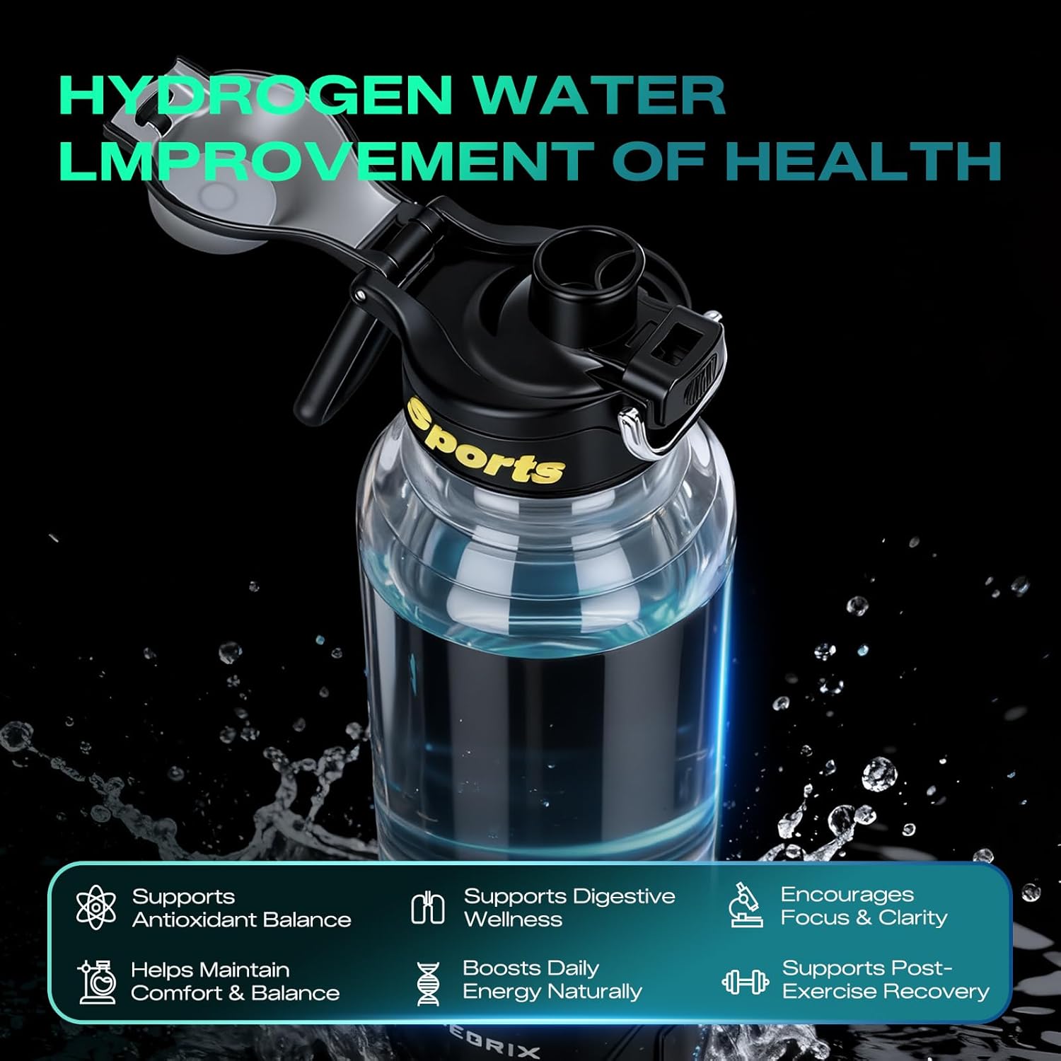 Upgraded Hydrogen Water Bottle Glass Generator - 34oz Borosilicate Glass, SPE/PEM Tech, Leak-Proof Lid, Easy-Carry Handle, Sports-Inspired Design for Home, Office & Travel Hydration