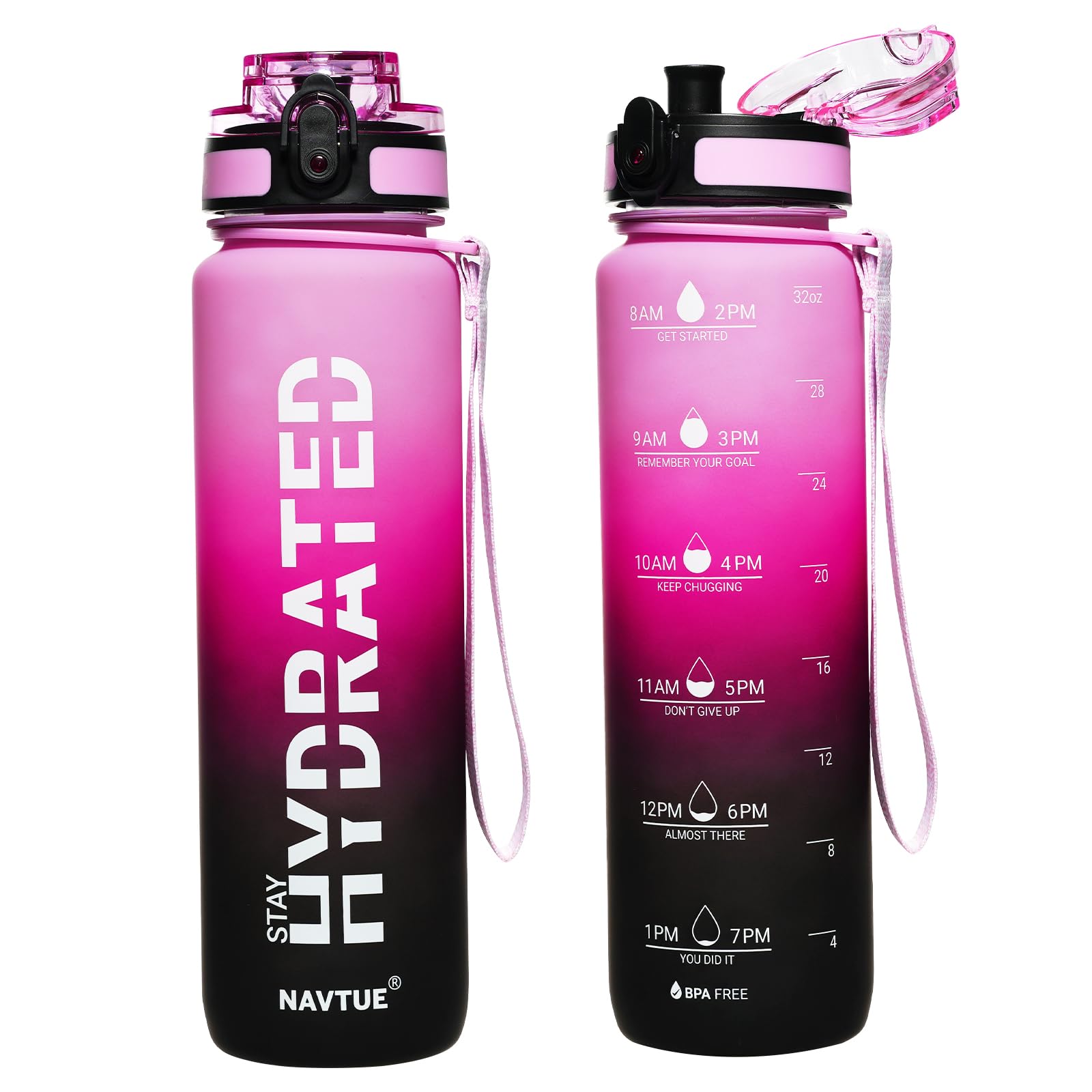 Water Bottle, 16oz Sports Water Bottles with Time Marker Wide Mouth, Motivational and Leakproof Drink Bottle, BPA Free Tritan with Carry Strap for Gym Fitness Outdoor(Direct Drink)