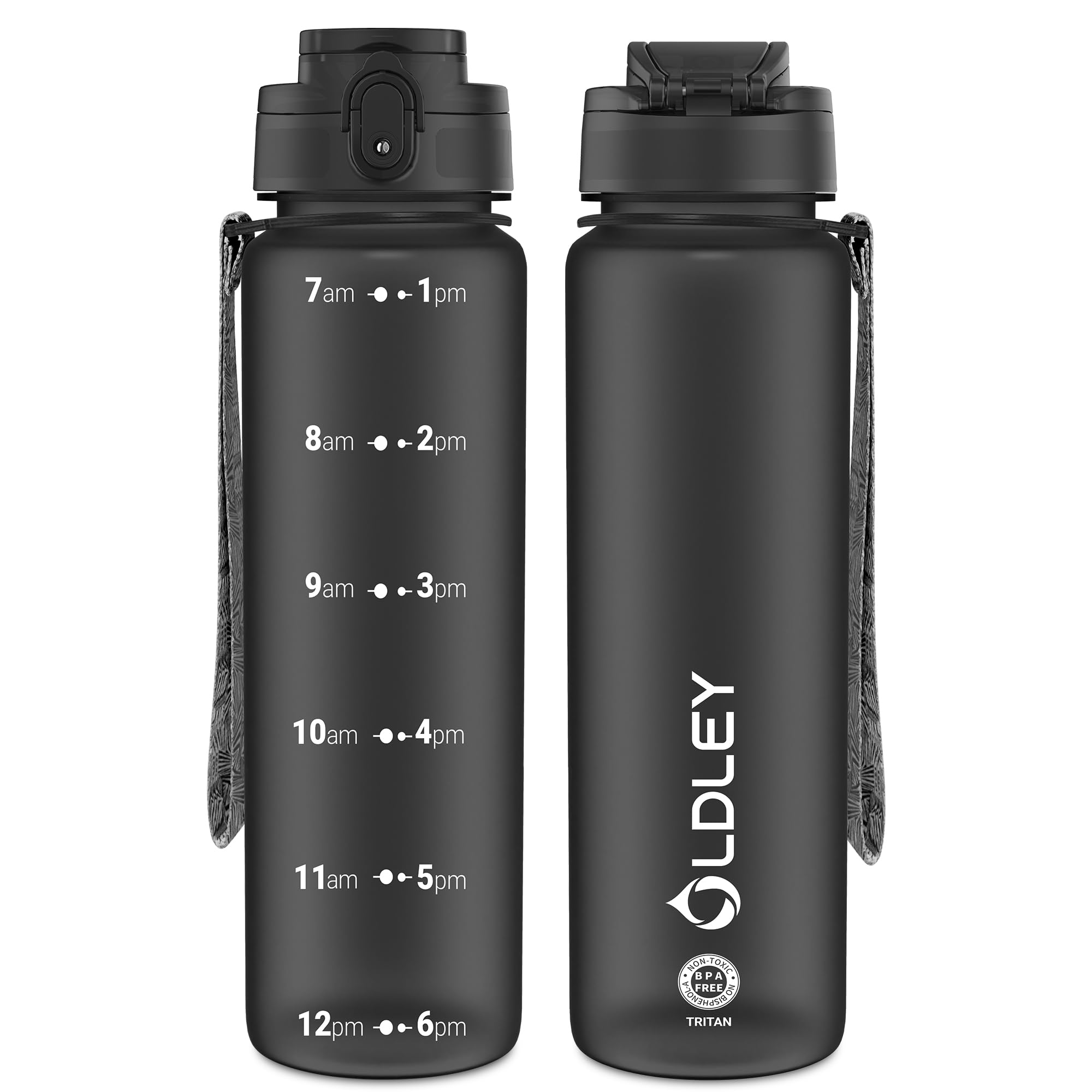 OLDLEY 25 oz Water Bottle, Motivational Water Bottle with Time Marker, Sports Water Bottle With Strap, Leakproof & BPA Free Large Water Bottles for School, Gym, Travel, Outdoor, Tritan,Black