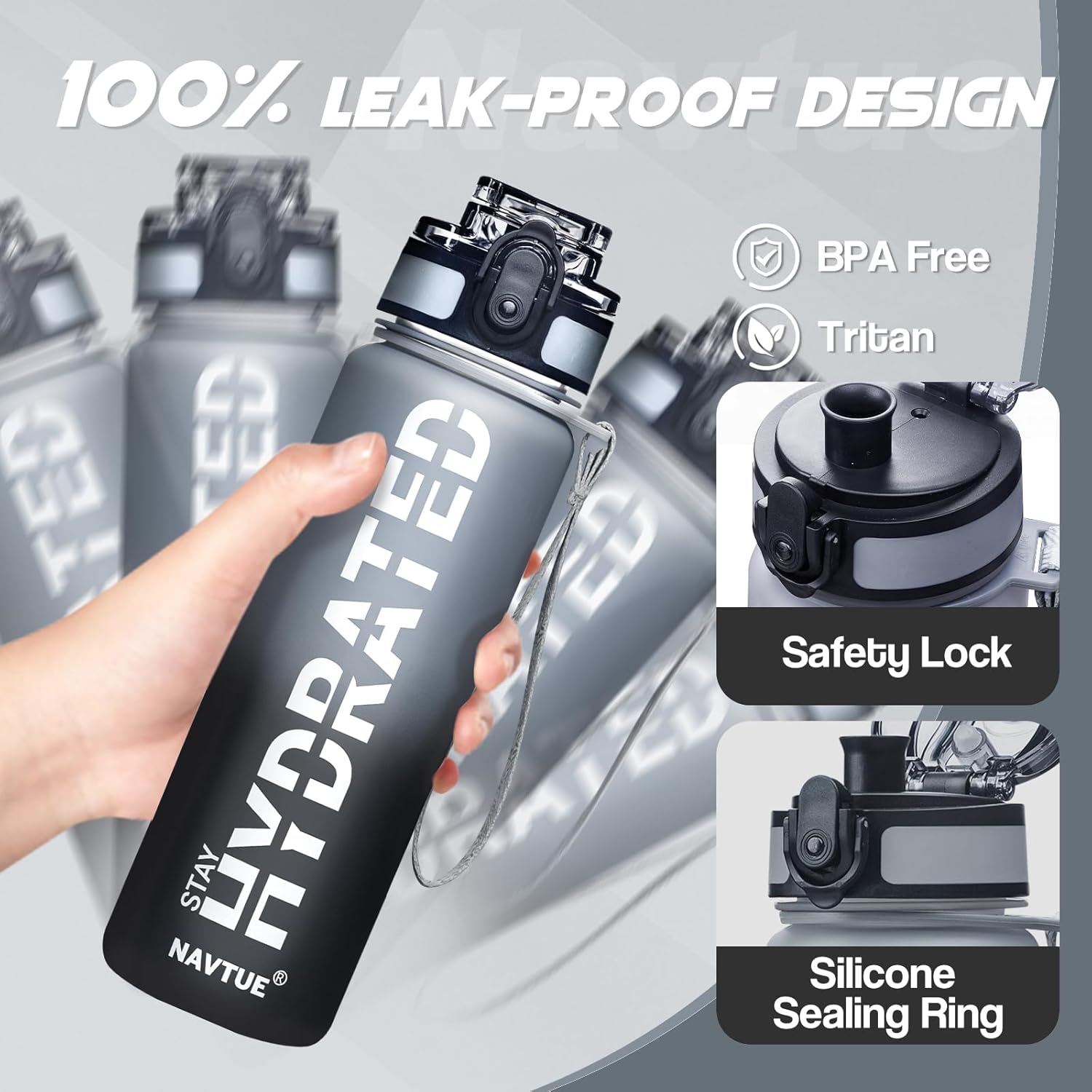 Water Bottle, 16oz Sports Water Bottles with Time Marker Wide Mouth, Motivational and Leakproof Drink Bottle, BPA Free Tritan with Carry Strap for Gym Fitness Outdoor(Direct Drink)