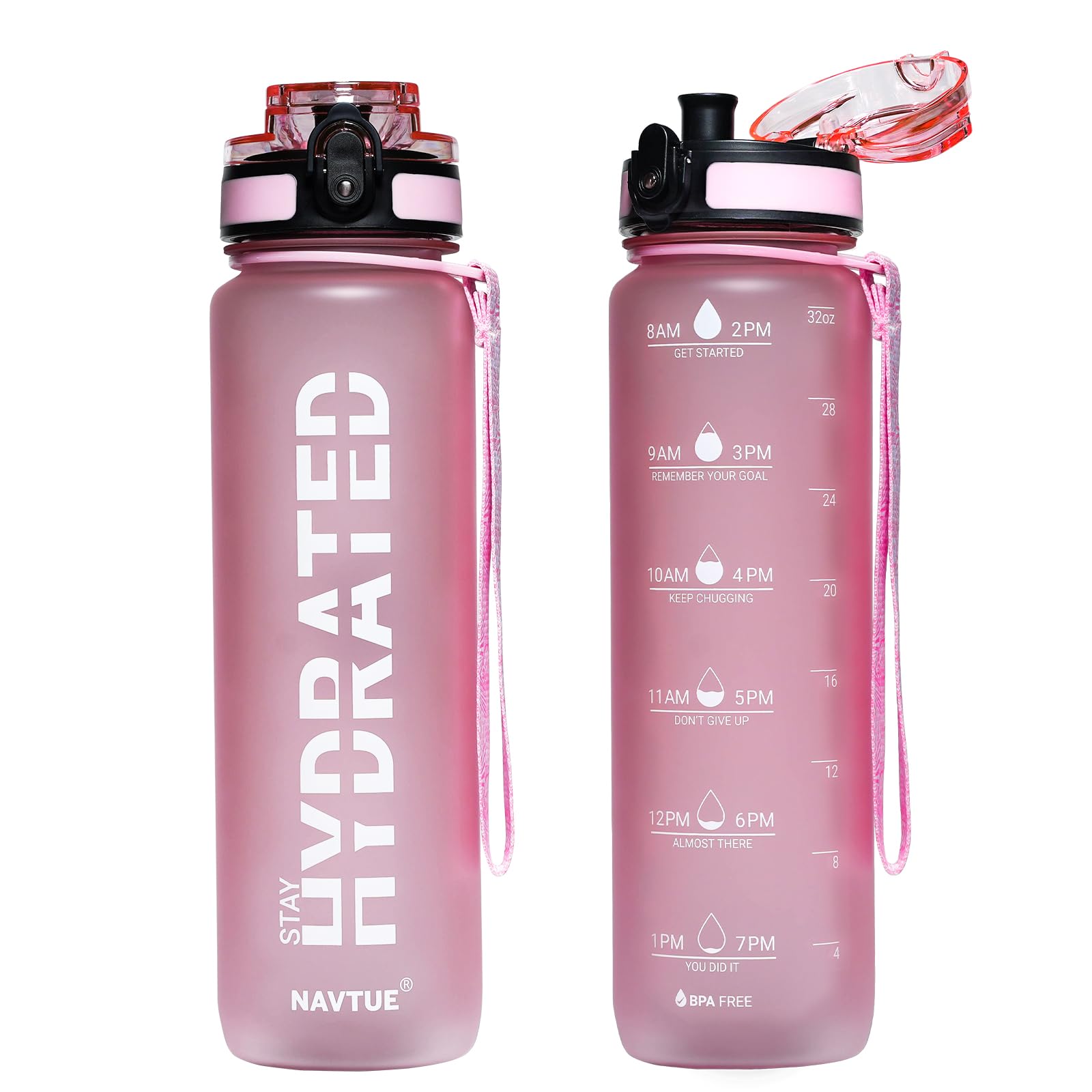 Water Bottle, 16oz Sports Water Bottles with Time Marker Wide Mouth, Motivational and Leakproof Drink Bottle, BPA Free Tritan with Carry Strap for Gym Fitness Outdoor(Direct Drink)